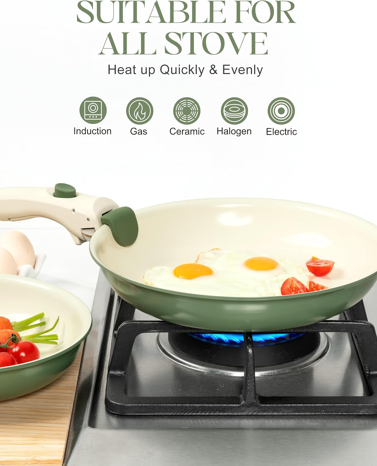 MICHELANGELO Ceramic Frying Pan Set, 8" 9.5" and 11" Fry Pans with Removable Handle, Nonstick Skillet Sets with Non Toxic Coating, PFOS & PFOA Free, Induction Compatible, Green
