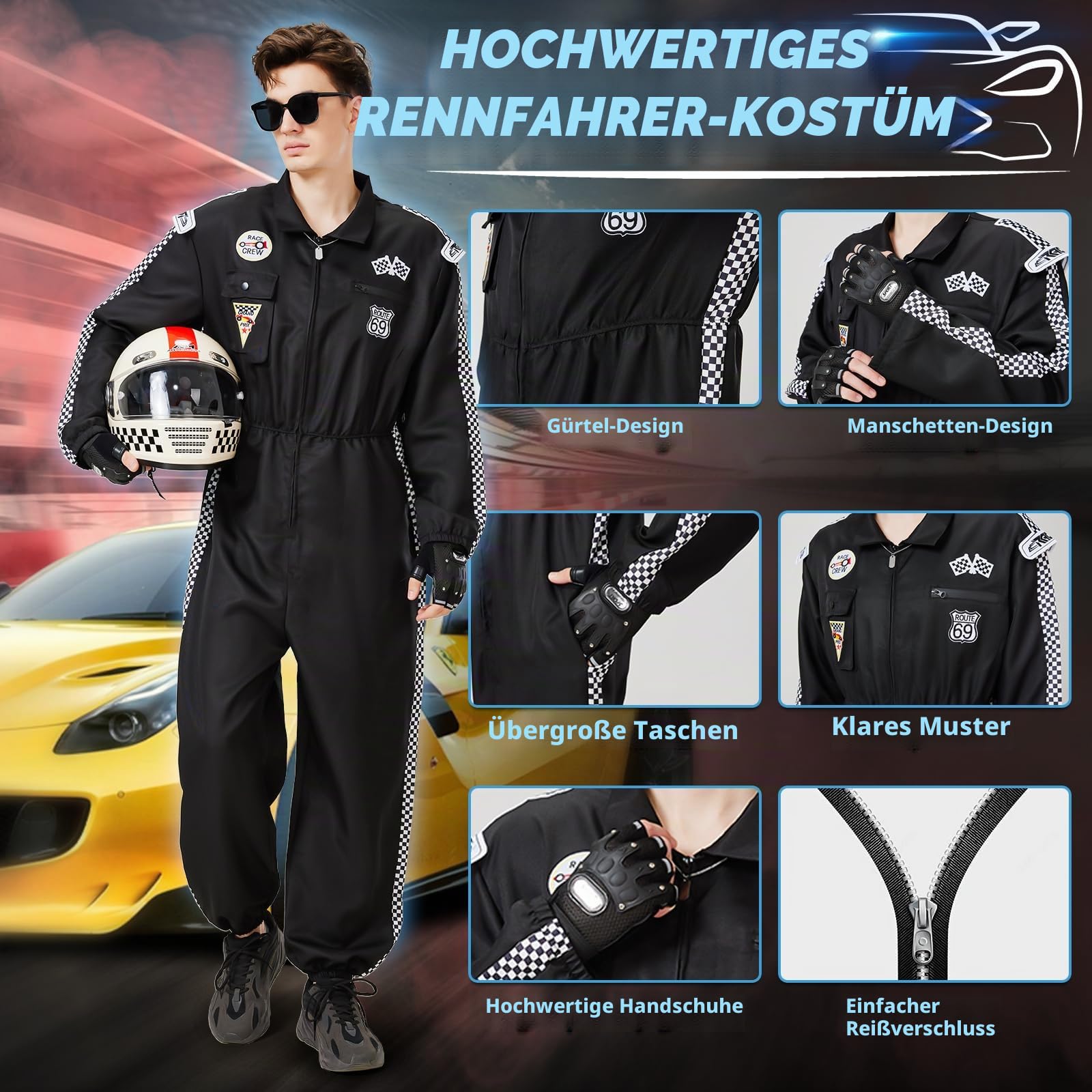 Charmofun Rennfahrer Kostüm Herren, Rennfahrer Anzug Overall Jumpsuit für Erwachsene, Racer Overall Rennwagenfahrer Kostüm mit Handschuhen, Sonnenbrille für Karneval