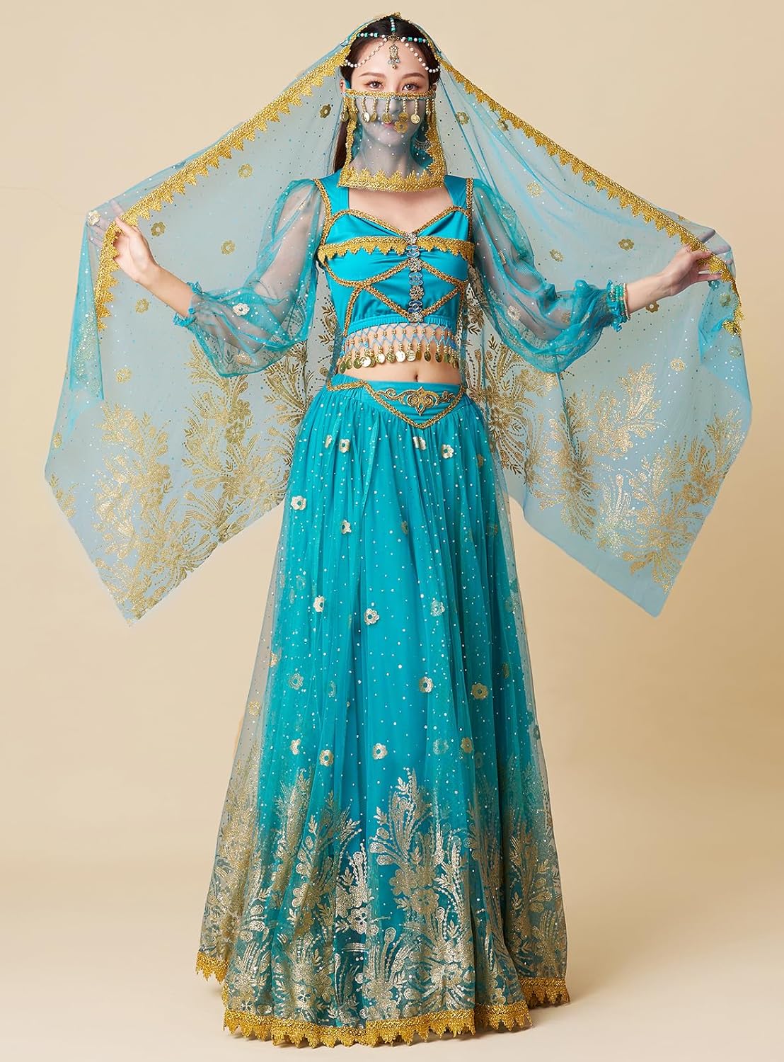 Arabian Princess Jasmine Fairy Costume Set Women's Halloween Cospaly Party Dress UP Outfit Belly Dance Dress