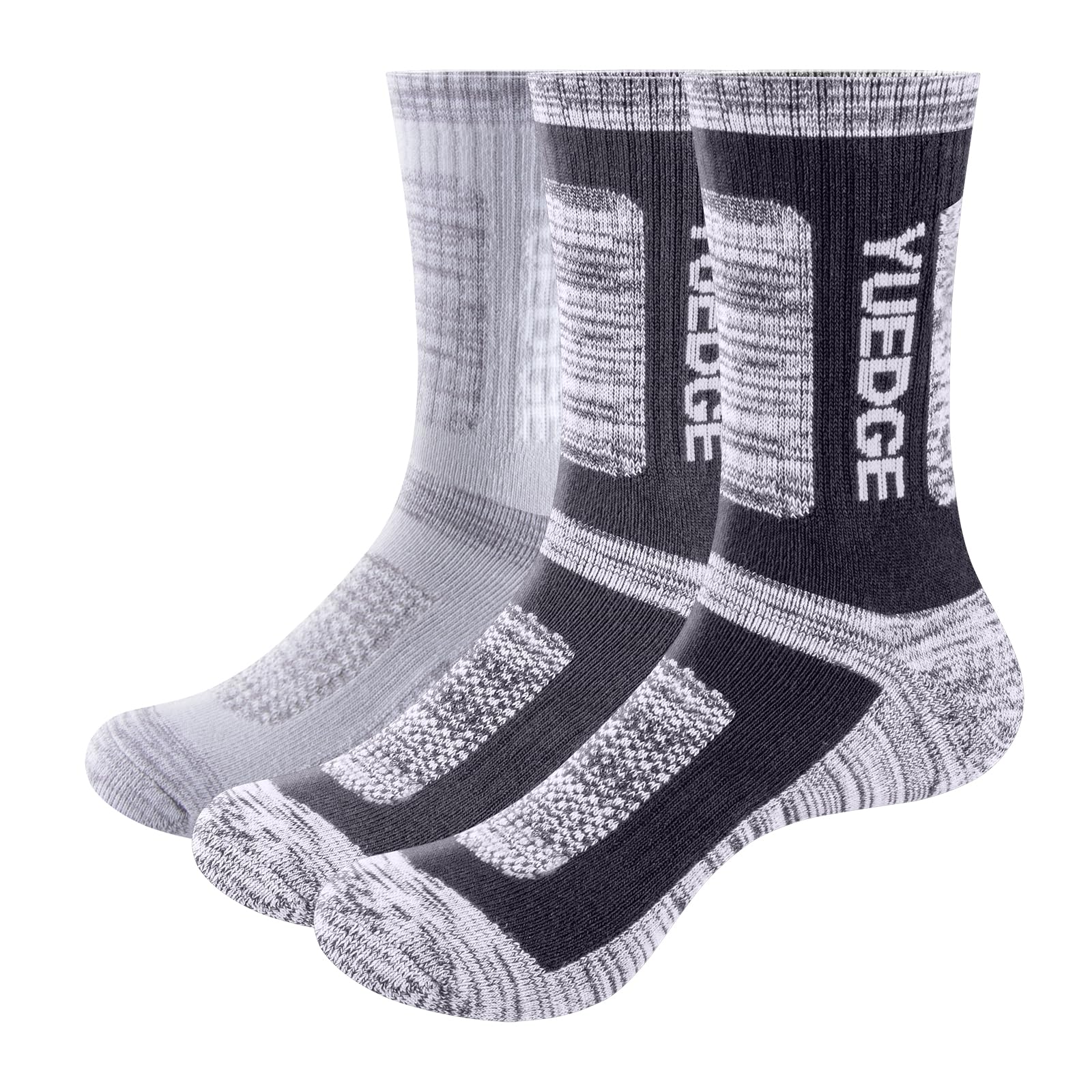 YUEDGE Mens Outdoor Hiking Walking Socks Cushioned Sports Socks For Men 6-10, Breathable Wicking Anti-Odor Work Sock Padded Mid Calf Safety Welly Boot Sock, 3 Pairs