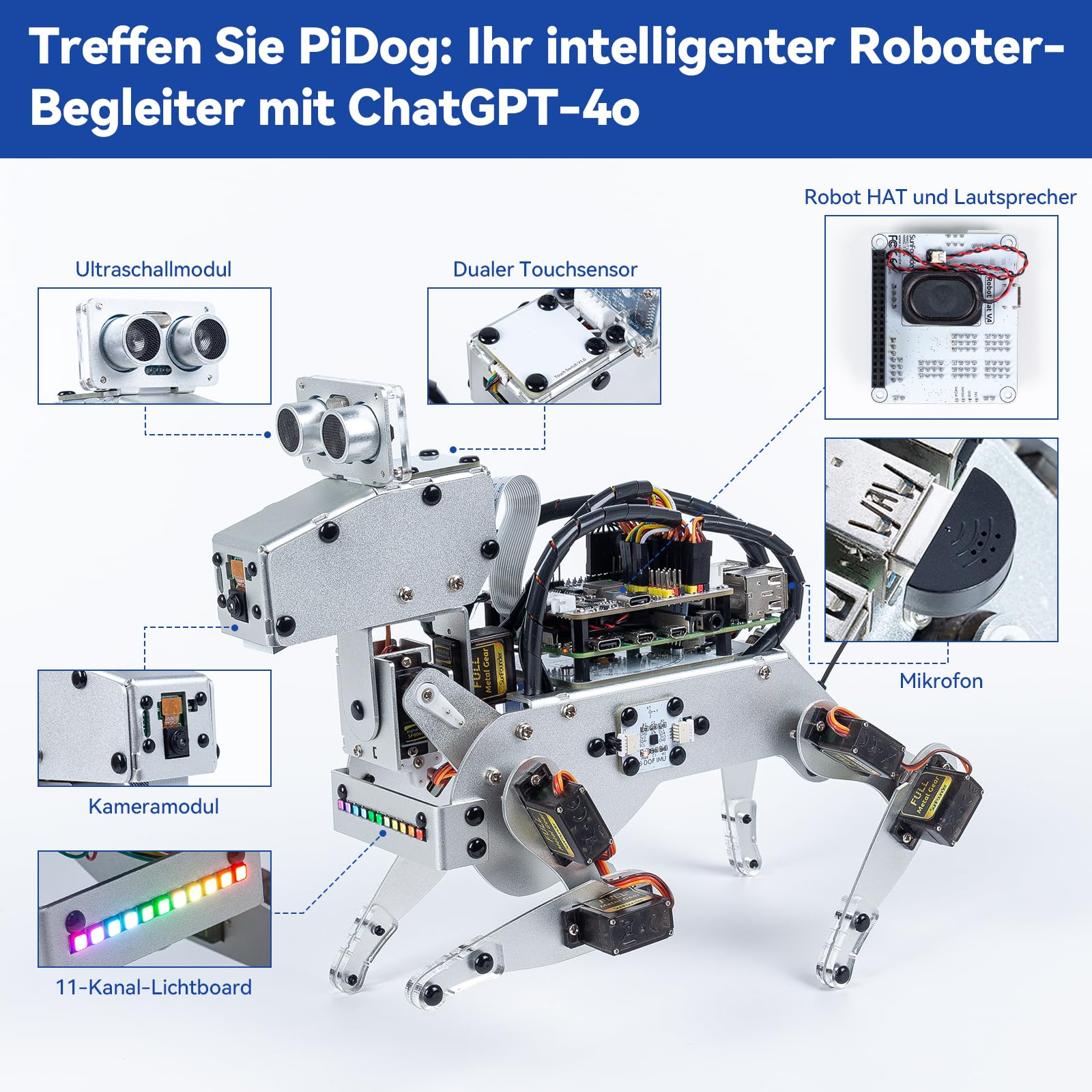 SUNFOUNDER PiDog KI-Roboterhund Bausatz für Raspberry Pi 5/4/3B+/Zero 2W, OpenClaw LLMs ChatGPT/Gemini/Grok, Sprach- & Videoerkennung, Python, App, Akku, Gyroskop, Kamera (RPI Nicht enthalten)