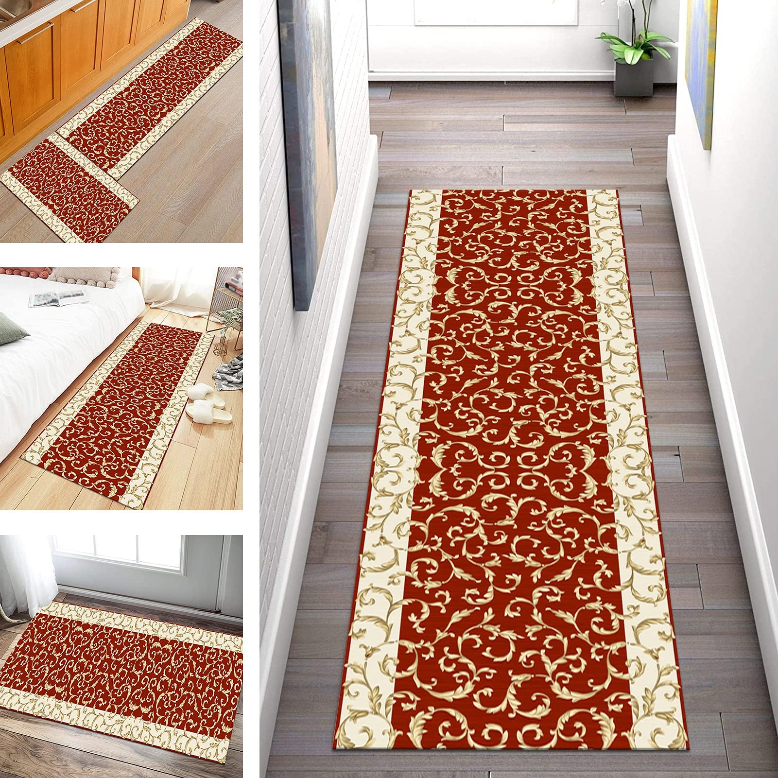 SGLGSTORE - Tapis De Couloir Antidérapant 70x500cm - Polyester Lavable - Rouge Orange Déco