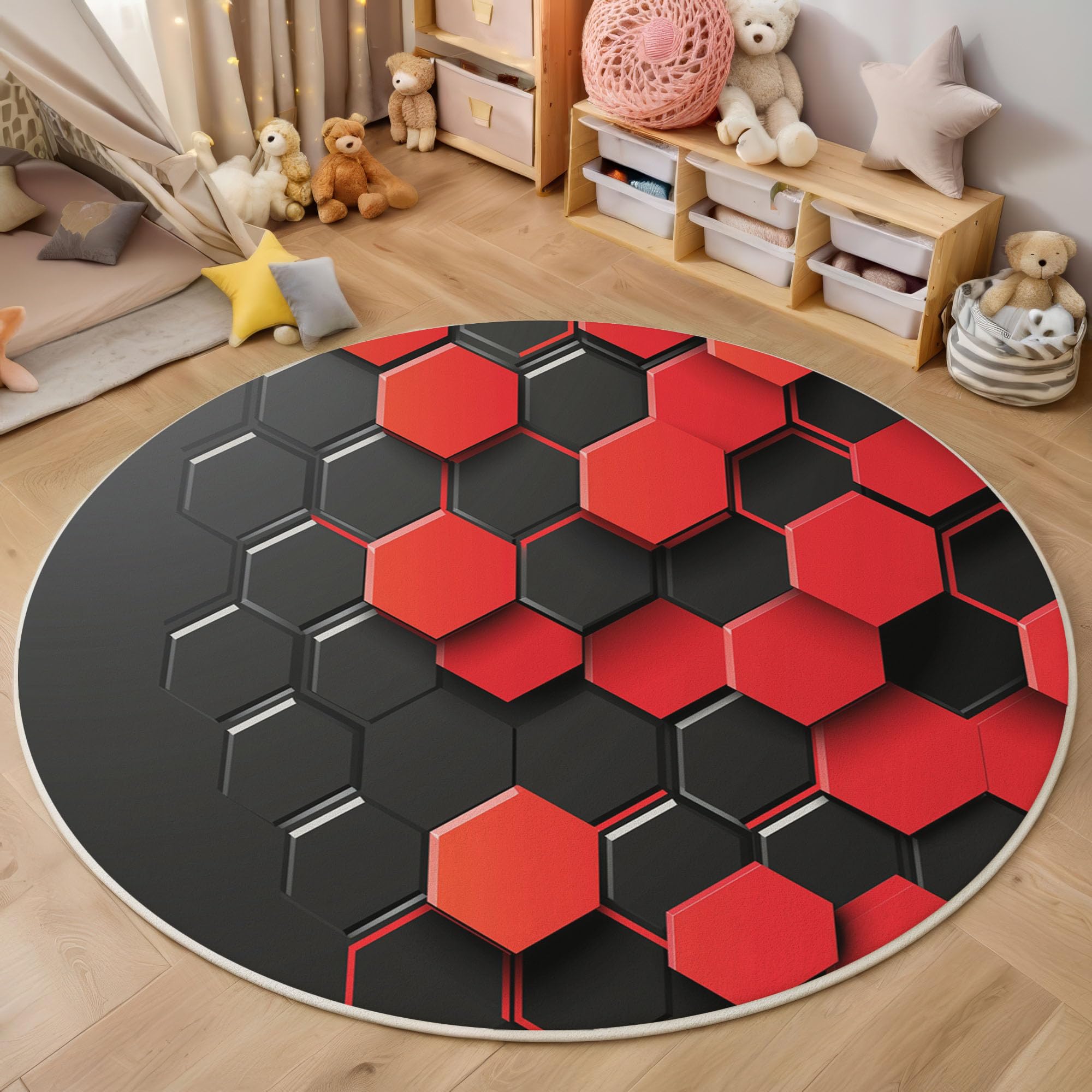 Tapis rond 3D pour chambre d'enfant et salon abstrait géométrique lavable 80cm