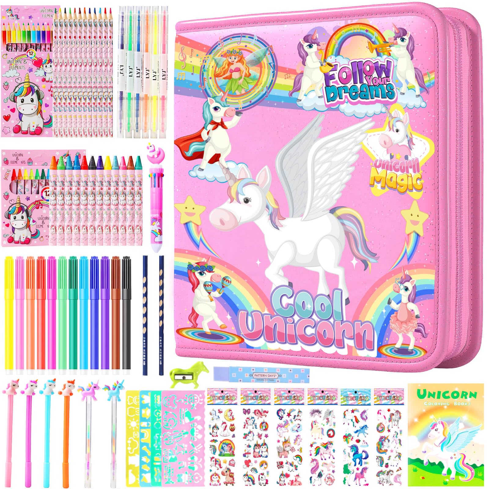 LEONAL Markers Set 65 Pcs- Art Coloring Drawing Kits for Kids with Unicorn Pencil,Crayon&Markers Stuff Case, Birthday Gifts for Boys 4-12 Year Old