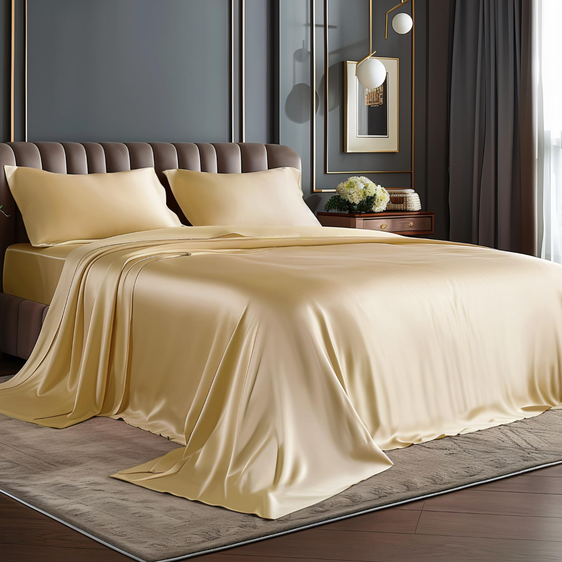 BEDELITE Satin Sheets Queen Size Bed Set, Luxury Soft Champagne Silky Sheets for Hair and Skin, Similar to Silk Bed Sheets Set 4 Pieces with 1 Deep Pocket Fitted Sheet, 1 Flat Sheet, and 2 Pillowcases