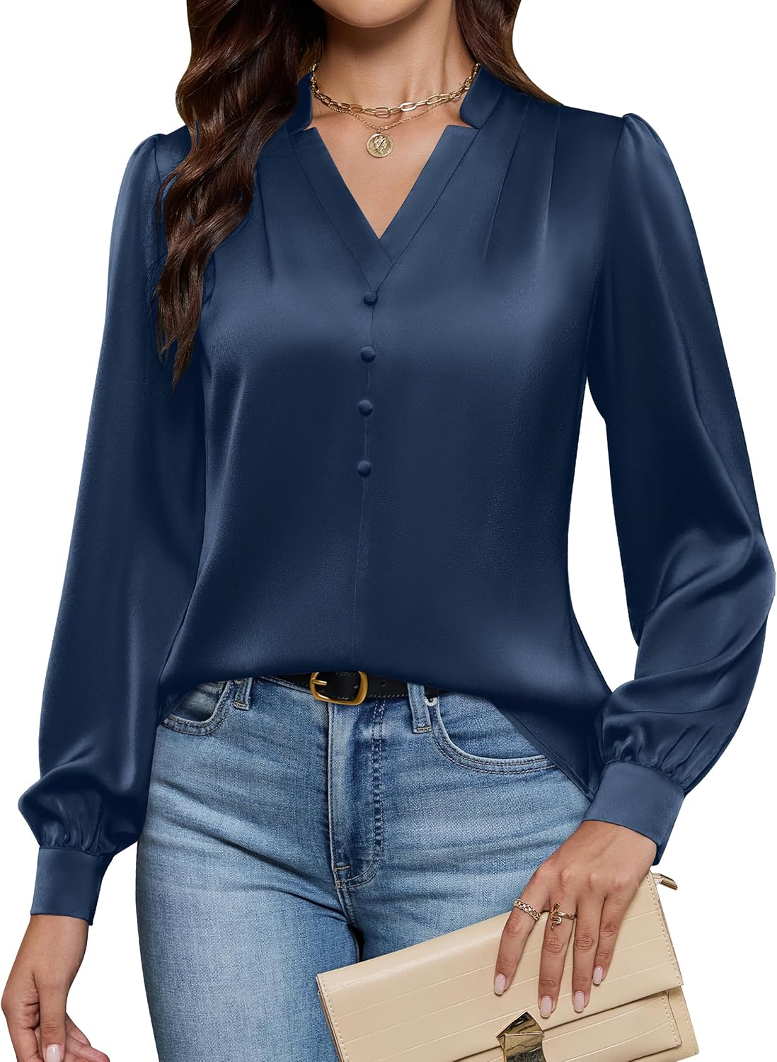 Blooming Jelly Womens Business Casual Tops Dressy Work Long Sleeve Shirts V Neck Silk Satin Blouses Cute Fall Outfits