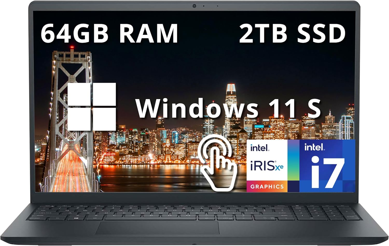 Dell Inspiron 15 3520 15.6" FHD Touch Laptop, Intel i7-1255U Processor, 64GB RAM, 2TB PCIe SSD, Intel Iris Xe Graphics, Num Pad, Camera, WiFi, Black, Win 11 S