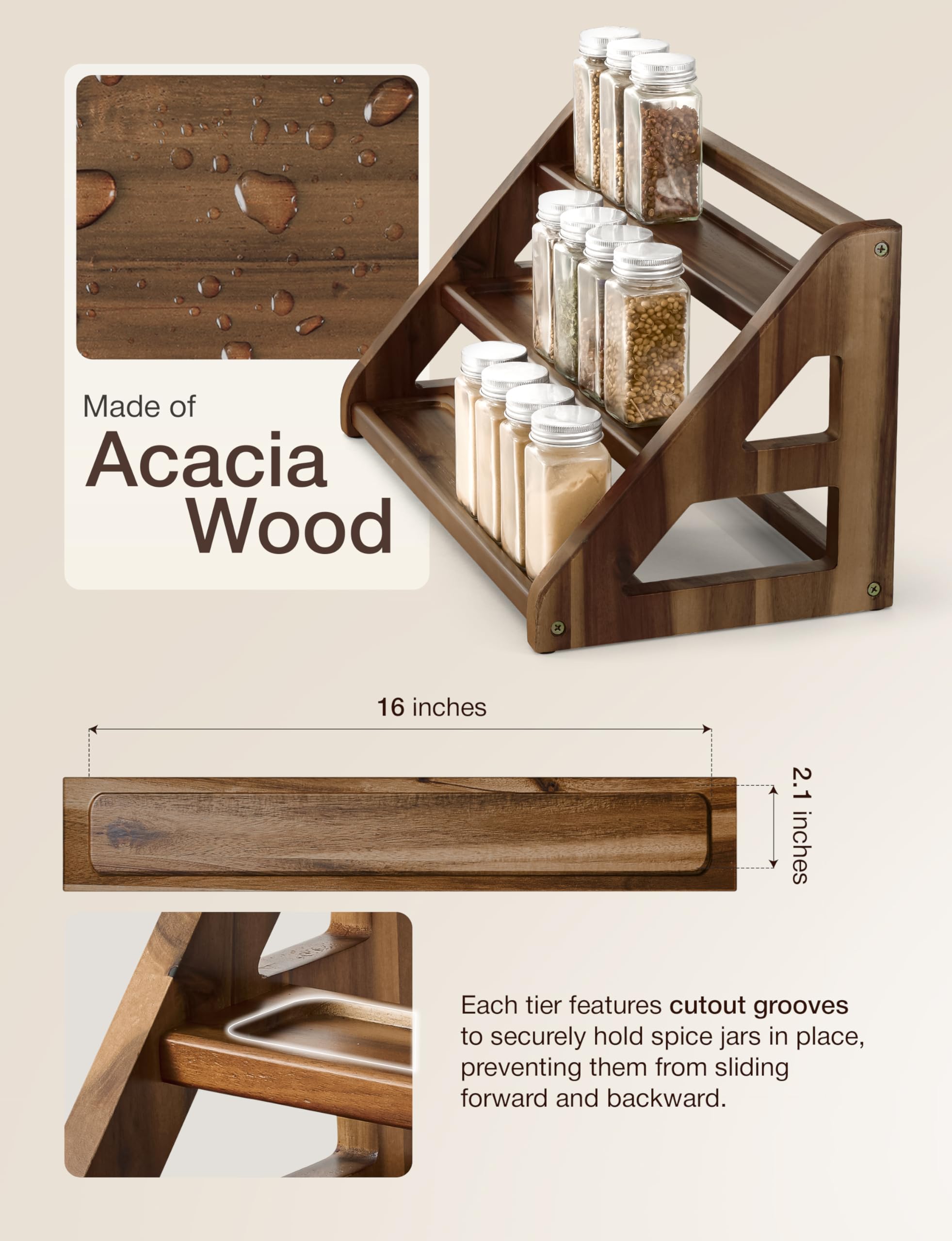 Especiero de madera de acacia de 3 niveles para encimera o armario, organizador de especias de cocina y organizador de especias (nogal) (A)