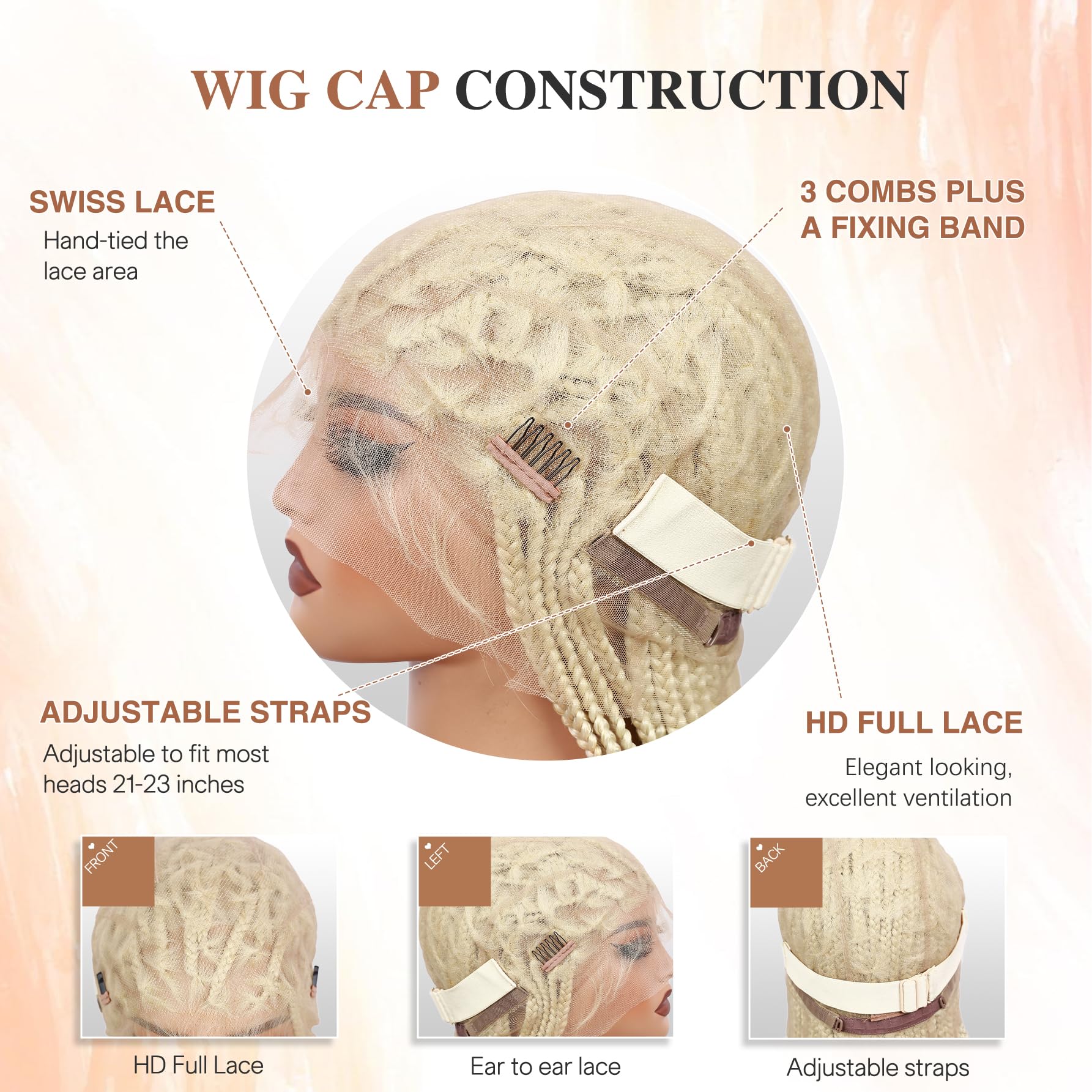 WIGNEE Parrucca a Treccine Box Senza Nodi, 36 Pollici - Pizzo Intero HD con Nodi Triangolari Annodati a Mano - Frontale in Pizzo con Baby Hair - Parrucca Intrecciata Sintetica e Naturale per Donne