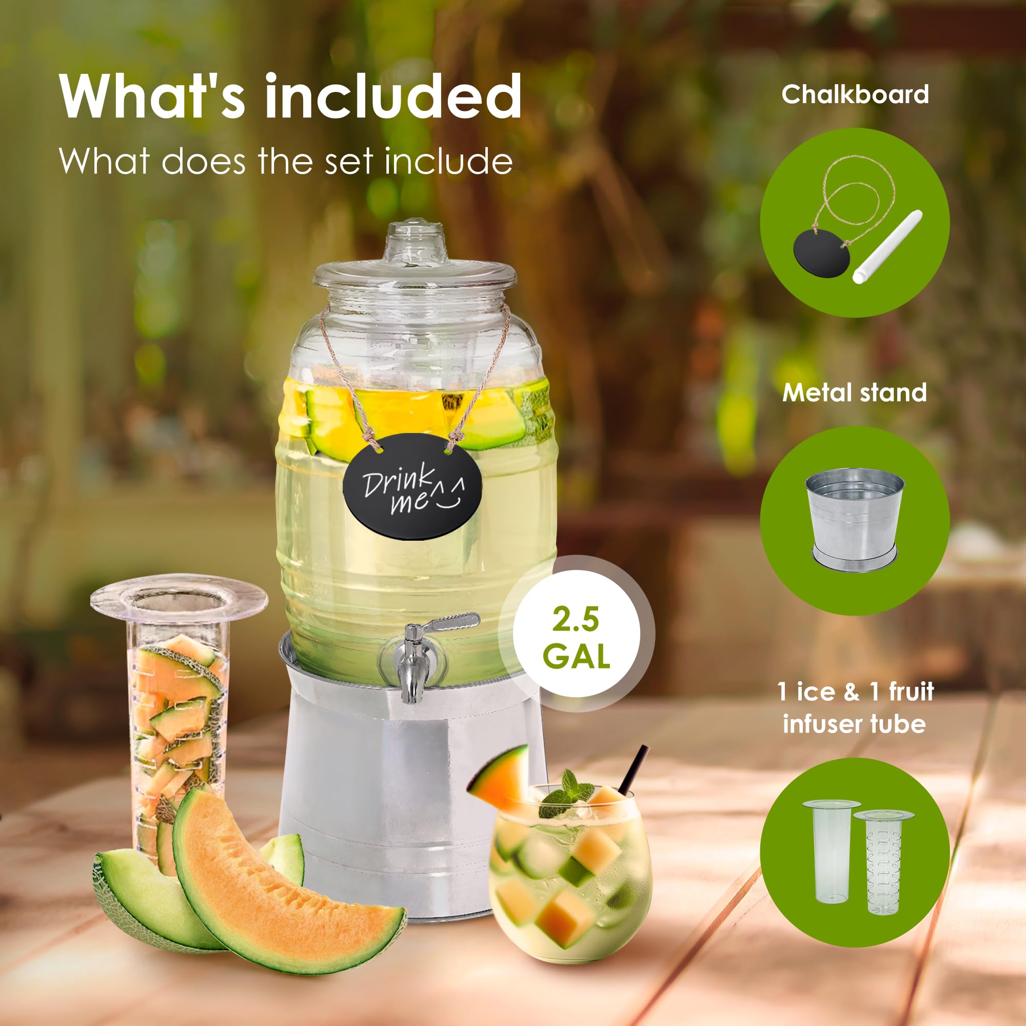 Dispensador de bebidas con grifo y soporte de acero inoxidable, duradero y a prueba de fugas, incluye infusores, letrero de pizarra y marcador, perfecto para cócteles, agua y bebidas