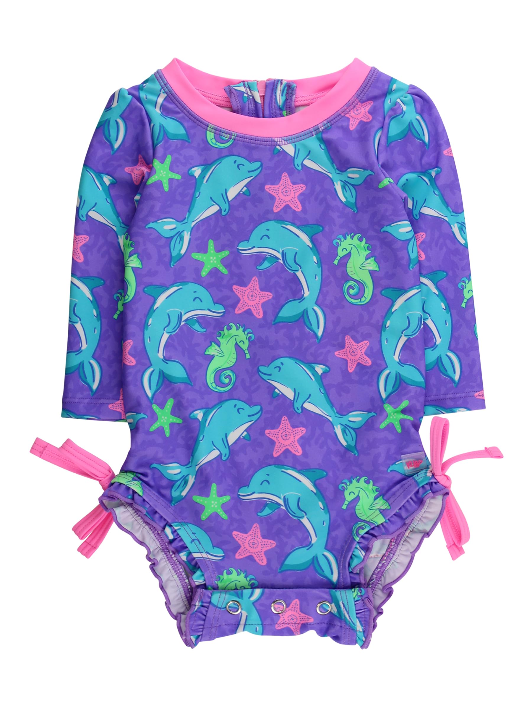 RuffleButts Baby Girls Novelty Baby One Piece - Rash Guard Swimsuit | 80% Nylon 20% Spandex, UPF 50+, Lightweight, Medium Stretch, Full Seat Coverage, Bottom Snaps, Unlined, Infant Beach Swim