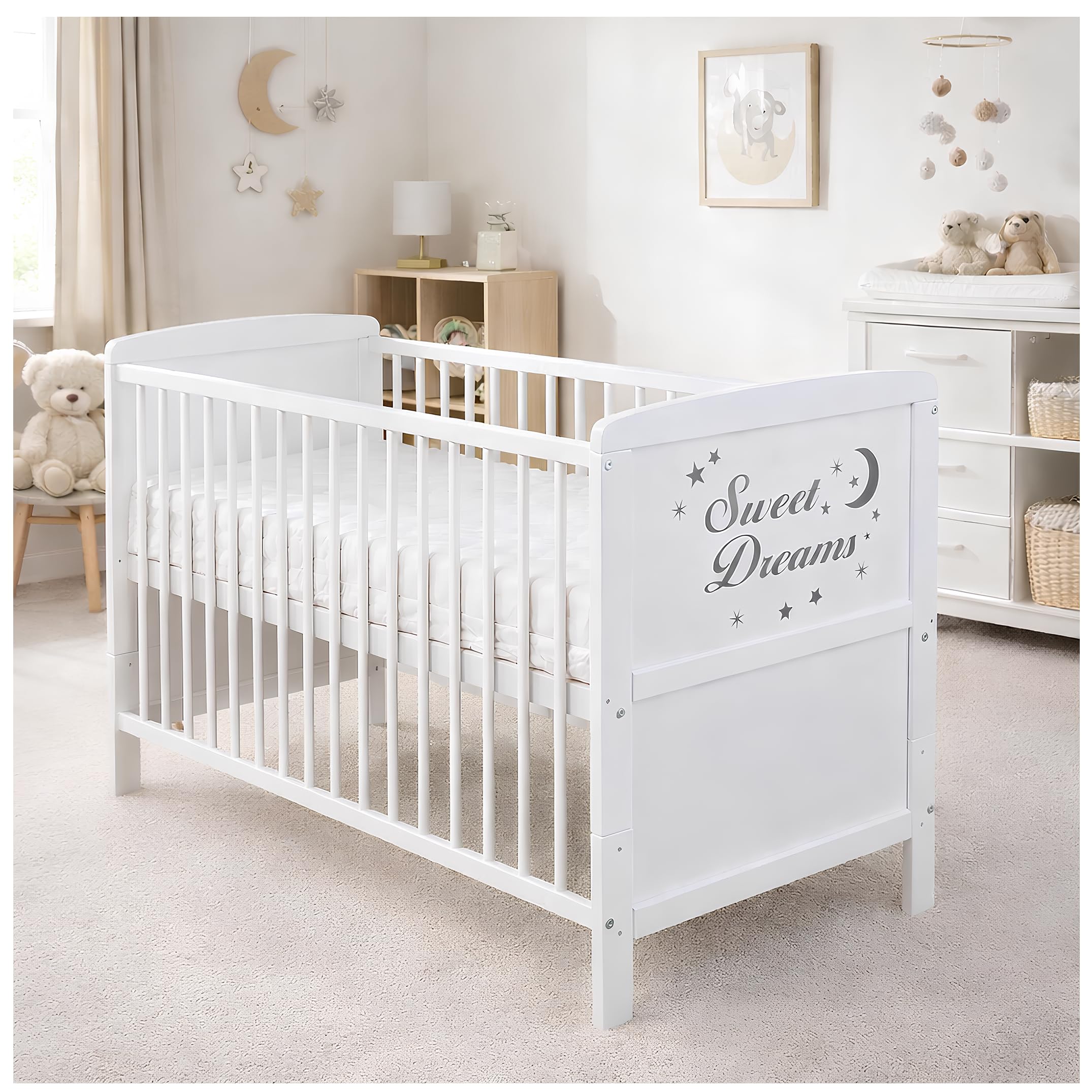Generisch Baby Delux Babybett 70x140 Kinderbett umbaubar zum Juniorbett weiß 140x70 mit Aloe Vera Komfort Matratze und Beißschienen (Sweet Dreams)