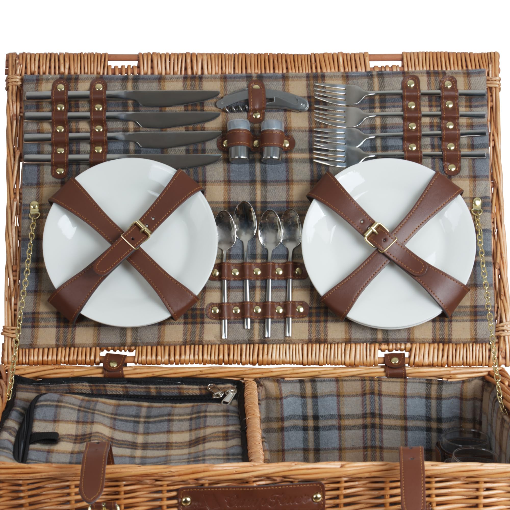 CampFeuer Picknickmand voor 4 personen, met serviesset en serveertafel, 25- delig, rieten mand met kunstleren riem, picknicktas, picknickset (blauw/beige geruit
