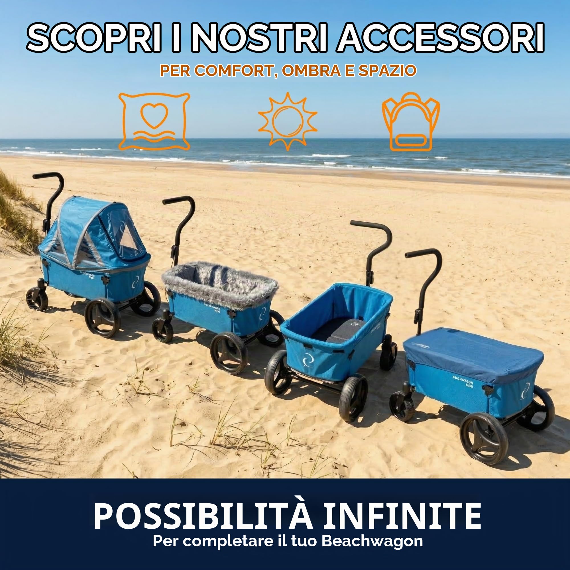 Beach Wagon Carrello con Ruote Pieghevole MINI Combideal 40 kg, Carrello Spesa Compatto e Leggero con Tettuccio, Carrello da Spiaggia, Giardino e Campeggio, Azzurro
