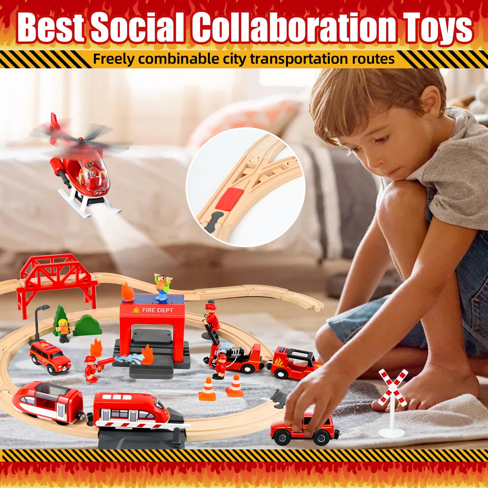 Joellfuner 69 Pièces Circuit Train en Bois, Locomotive Électrique avec Camion de Pompier et Équipe de Secours, Jouets Compatible avec Grandes Marques Mainstream