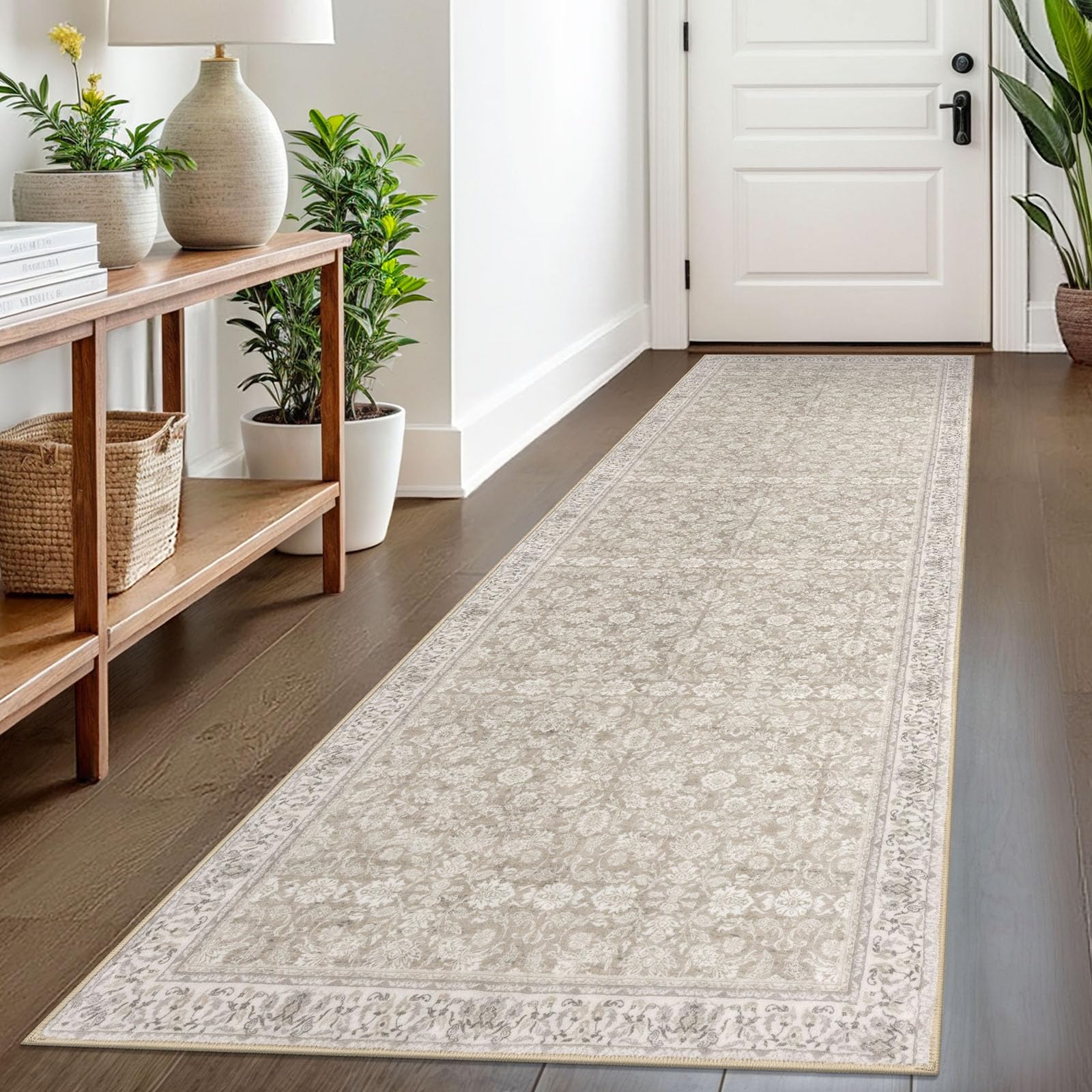 SIILOOM 2.6x8 Washable Runner Rug for Kitchen, Cream Beige White Grey Soft Classic Runner with Non-Slip, Non-Shedding Distressed Floral Rug for