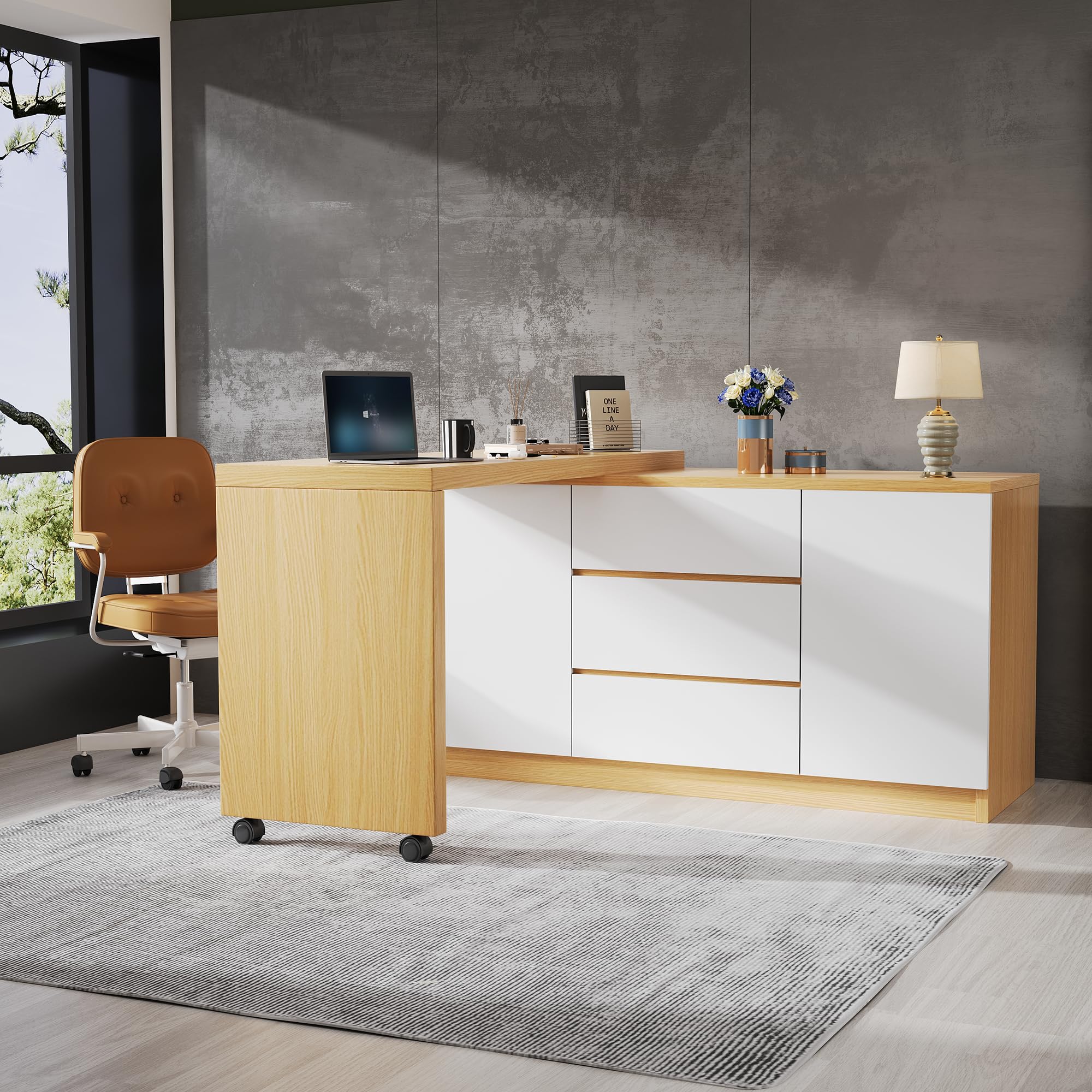 Scrivania con ruote bloccabili, design multifunzionale, 4 cm di spessore, piano girevole bloccabile, scrivania pieghevole, scrivania angolare, credenza (legno + bianco)
