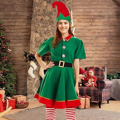 Miniatura 7 de Forfamy Disfraz de elfo de Navidad para adultos, hombres, mujeres y niños, disfraz festivo de Papá Noel, sombrero de elfo, orejas, accesorios de