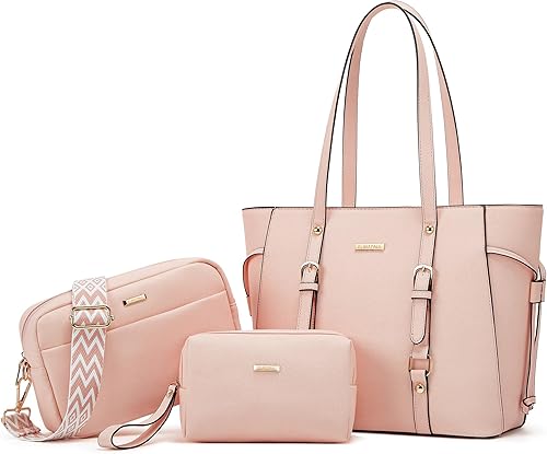 Women Fashion Synthetic Leather Handbags Tote Bag Shoulder Bag Top Handle Satchel Purse Set 4pcs - (size: Large, color: Pink-b)