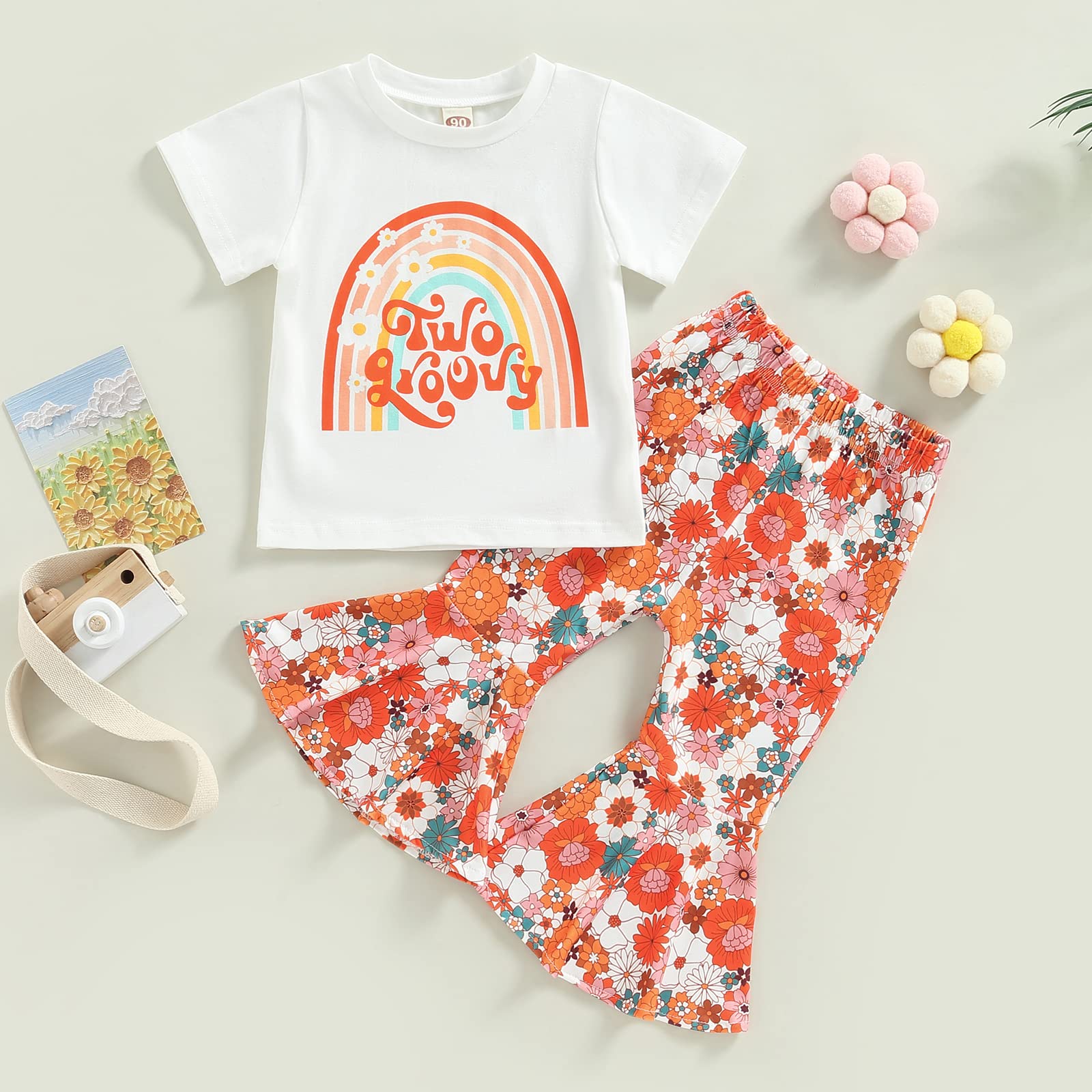 Set di pantaloni a zampa, 2/3 pezzi, per compleanno, con lettere carine, camicia+pantaloni a zampa, set boho, estivo, servizio fotografico