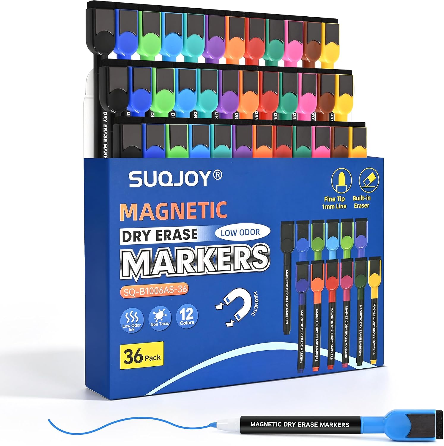 SUQJOY Magnetic Dry Erase Markers 36 Count, Fine Tip Whiteboard Markers with Eraser Caps, Low Odor, 12 Assorted Colors, for Fridge Calendar, Office and Home