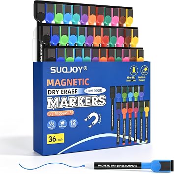 SUQJOY Magnetic Dry Erase Markers 36 Count, Fine Tip Whiteboard Markers with Eraser Caps, Low Odor, 12 Assorted Colors, for Fridge Calendar, Office and Home