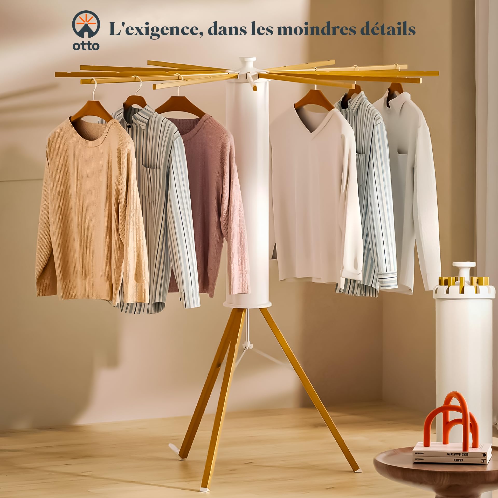 OTTO Séchoir à Linge Pliable Intérieur Extérieur Étendoir Parapluie Design Bois 16 Bras, Trépied Renforcé, Compact & Robuste Ultra Stable, Séchage Grande Capacité, Gain de Place