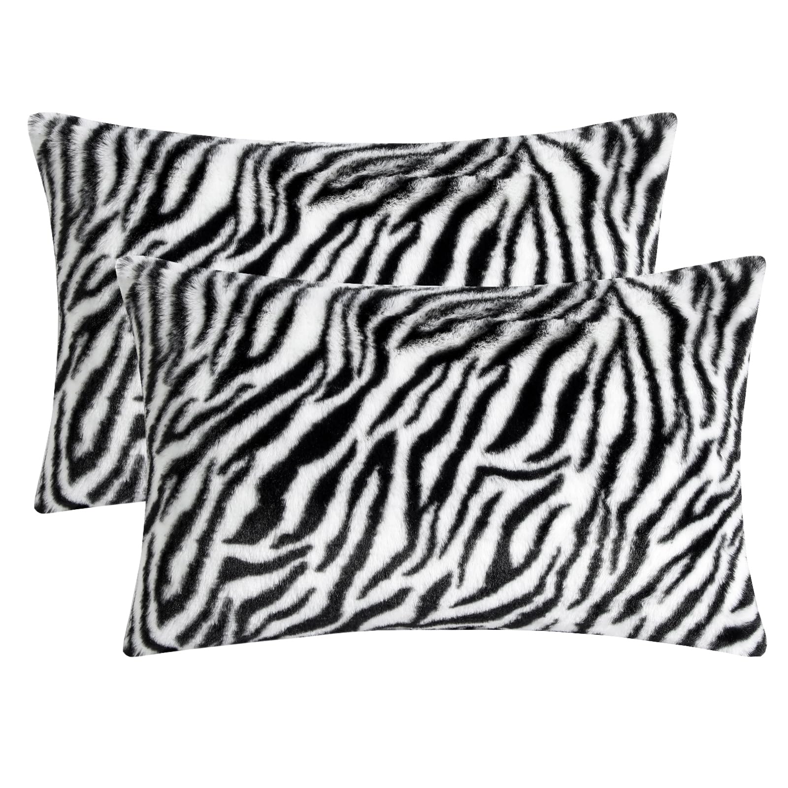 HOSTECCO Zebra Print Cushion Covers 30x50cm Pack of 2, Black and White Faux Fur Cushion Cases, Soft Fluffy Animal Print Decorative Lumbar Pillow Covers for Living Room Sofa Couch Bedroom