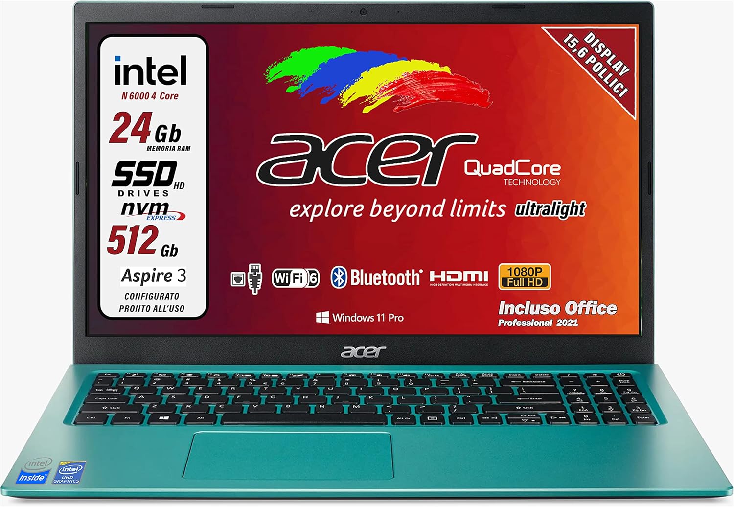 Acer Portatile Intel, 4 Core N 6000, RAM 24 Gb, SSD M2 Pci da 512 Gb, Display FULLHD da 15,6, web cam, 3 usb, hdmi, bluetooth, lan, wi-fi, Win 11 Pro, Suite Office, preconfigurato, Garanzia Italia