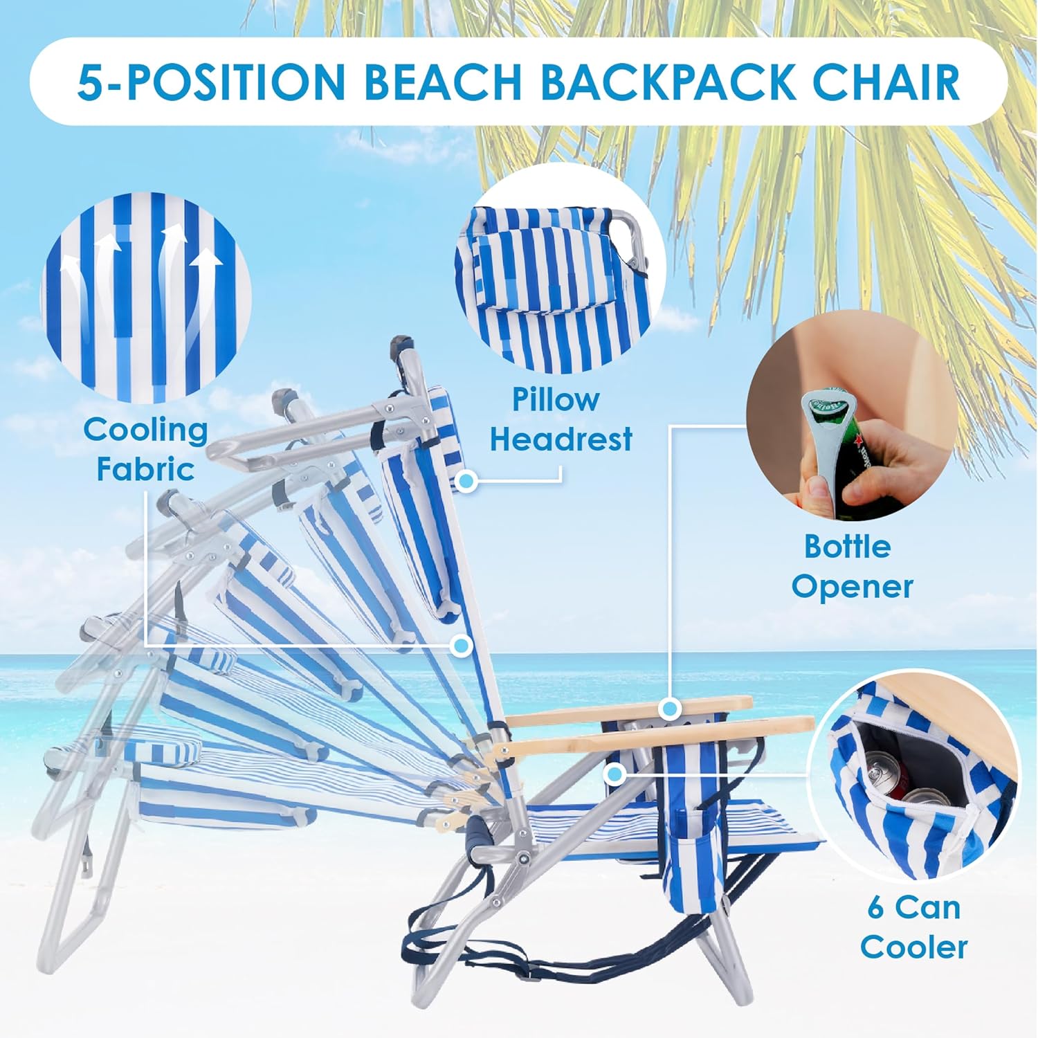 Blue and White Striped Foldable Reclining Beach Chair with Cooler Bag