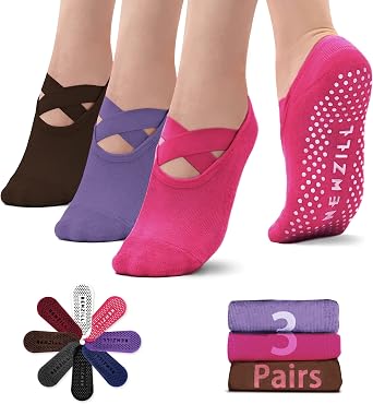 NEWZILL Non Slip Yoga Socks for Women, Grips Socks with Cushion for Pilates Barre Ballet Dance Hospital 3 Pairs