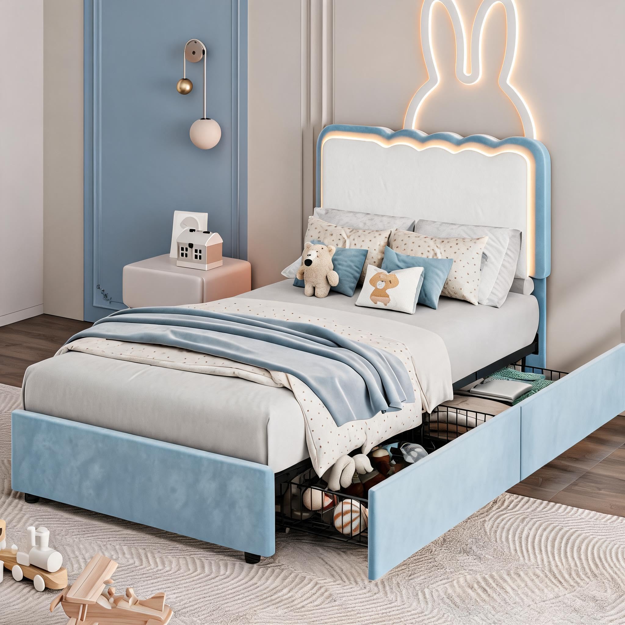 Garvee Irregular Wave LED 2-Drawer Soft Upholstered Bed, Soft Padding