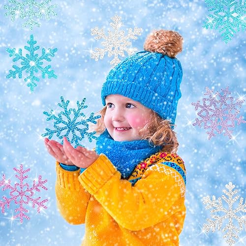 Miniatura 6 de Zonon 48 piezas de recortes de copo de nieve para decoración de invierno y Navidad, recortes de papel de copo de nieve con puntos de pegamento para