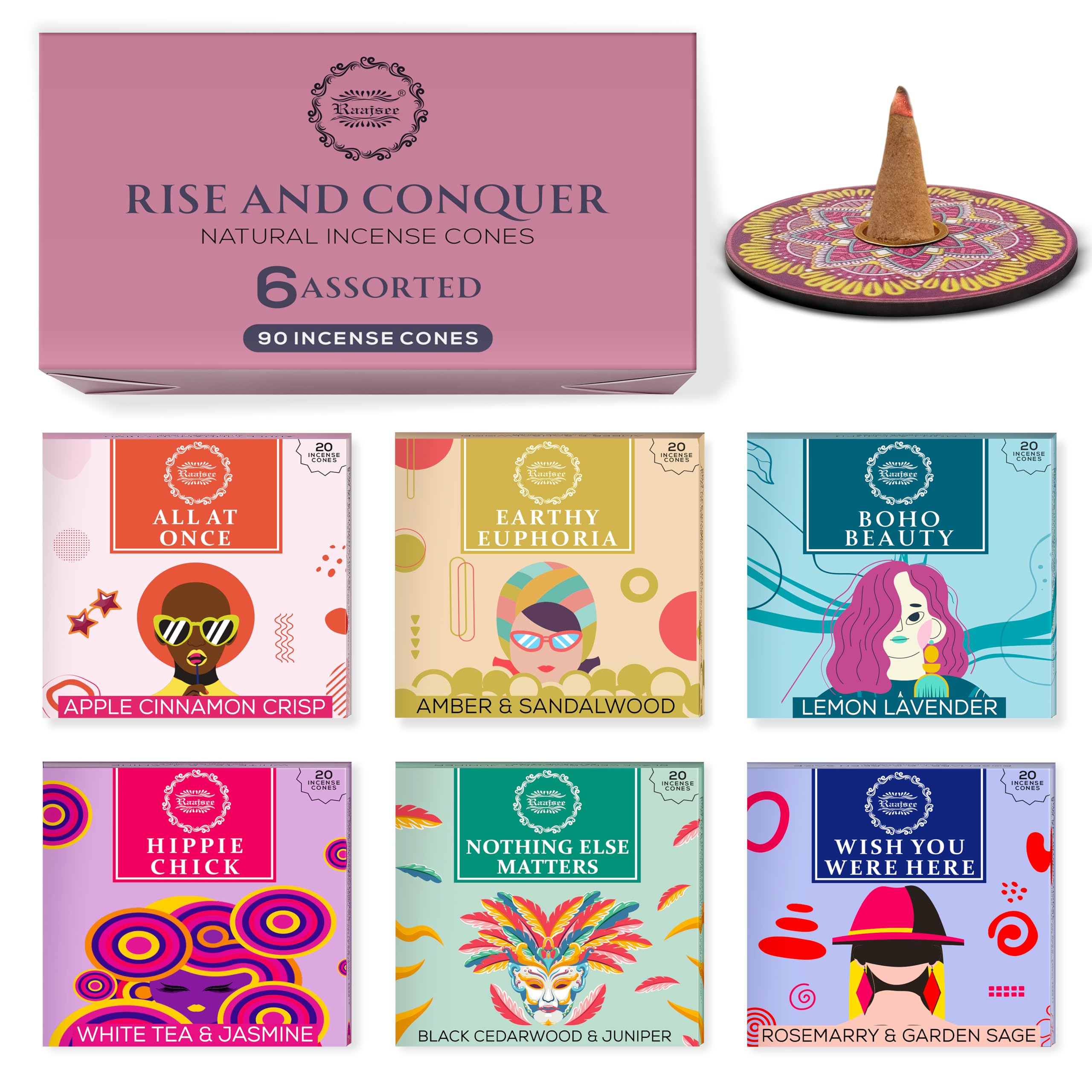 Raajsee Incense Cones, 6 Pack Rise and Conquer Cone Gift Pack 15 pc Each (90 Total), Insence Cones Variety Pack, 100% Organic Non Toxic Natural - Hand Rolled Free from Chemicals,Holder Included