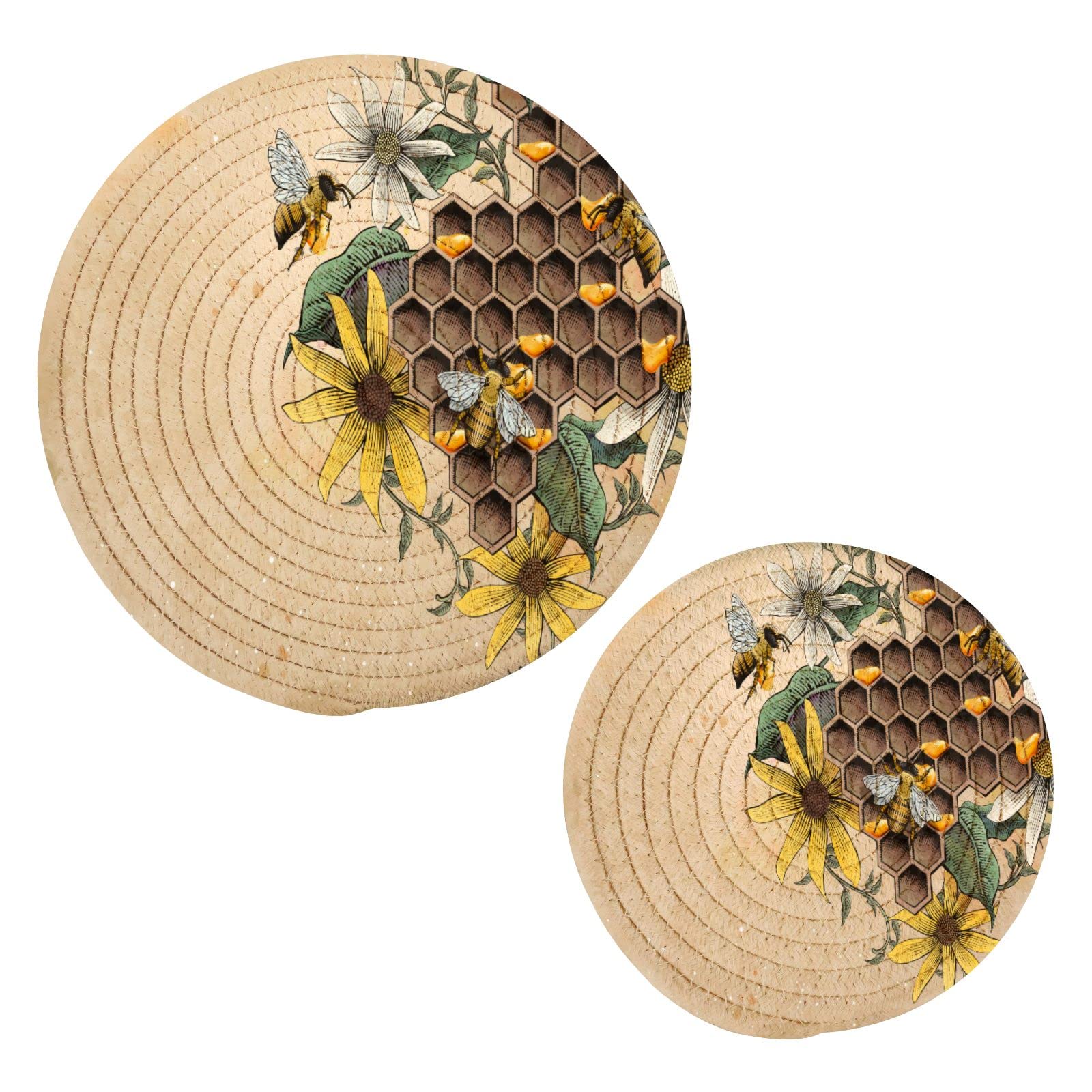 ALAZA Honey Bee Vintage Flower Round Cotton Thread Weave Trivets for Hot Dishes Set of 2 Sizes 7 Inch & 9.5 Inch Diameter Coasters Trivet Mats Potholders Hot Pads
