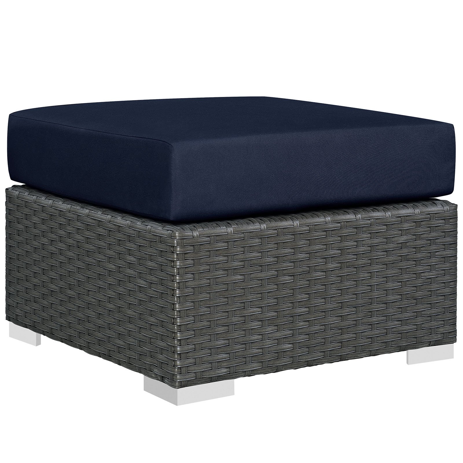Modern Contemporary Outdoor Patio Ottoman, Navy, Fabric, Synthetic Rattan