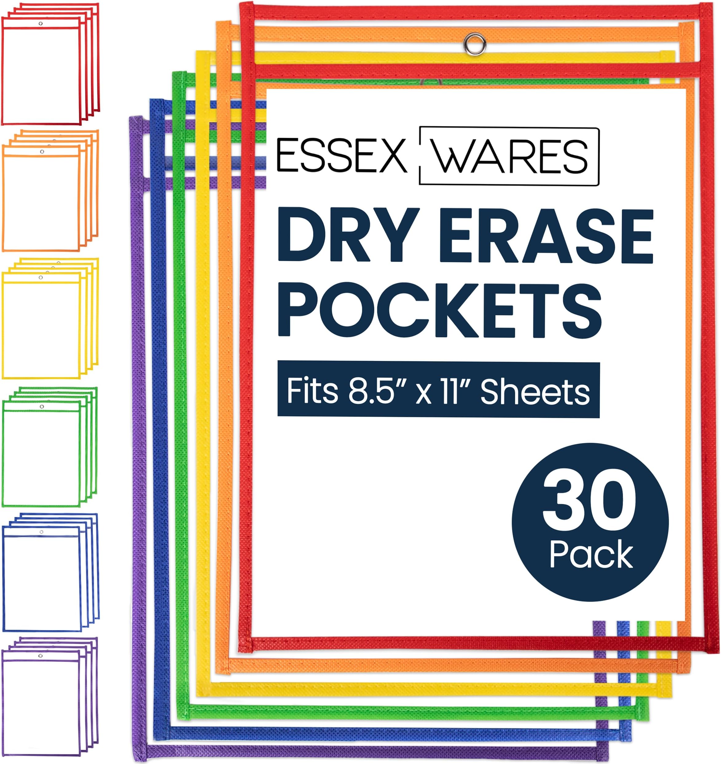 Essex Wares - 30 Pack, Assorted, Dry Erase Pocket Document Protectors,10" Wide x 13.5" Tall - Dry Erase Clear Plastic Sleeves - Reusable & Easy Erase Plastic Invoice Holders, Water-Resistant & Durable
