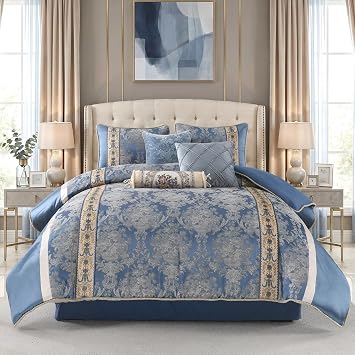 Queen Comforter Set Royal Blue, Luxury 7-Piece Jacquard Bedding