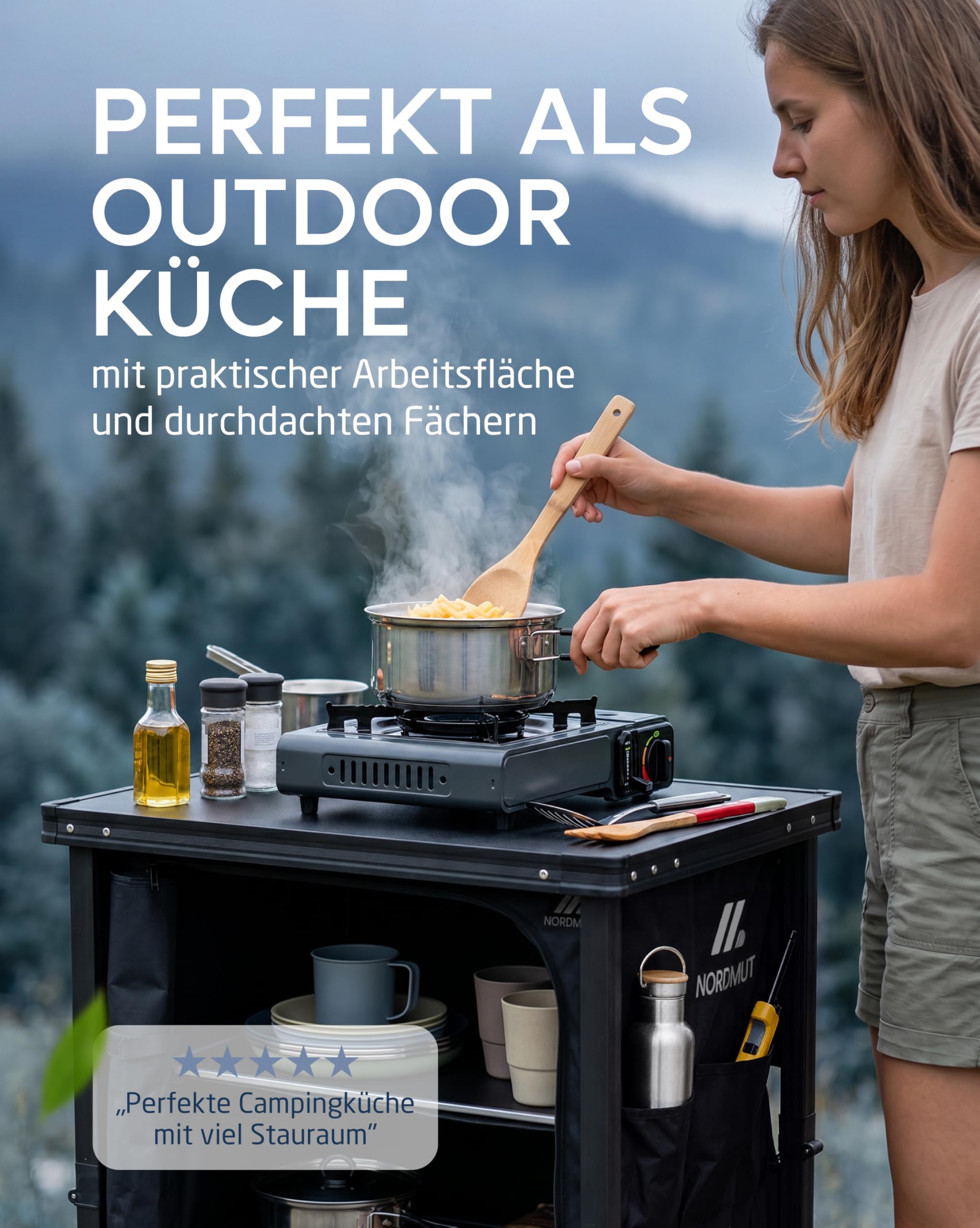 NORDMUT® Campingschrank faltbar – stabile Campingküche mit geräumigen Innenleben – leichtes Camping Regal klappbar für einfachen Transport