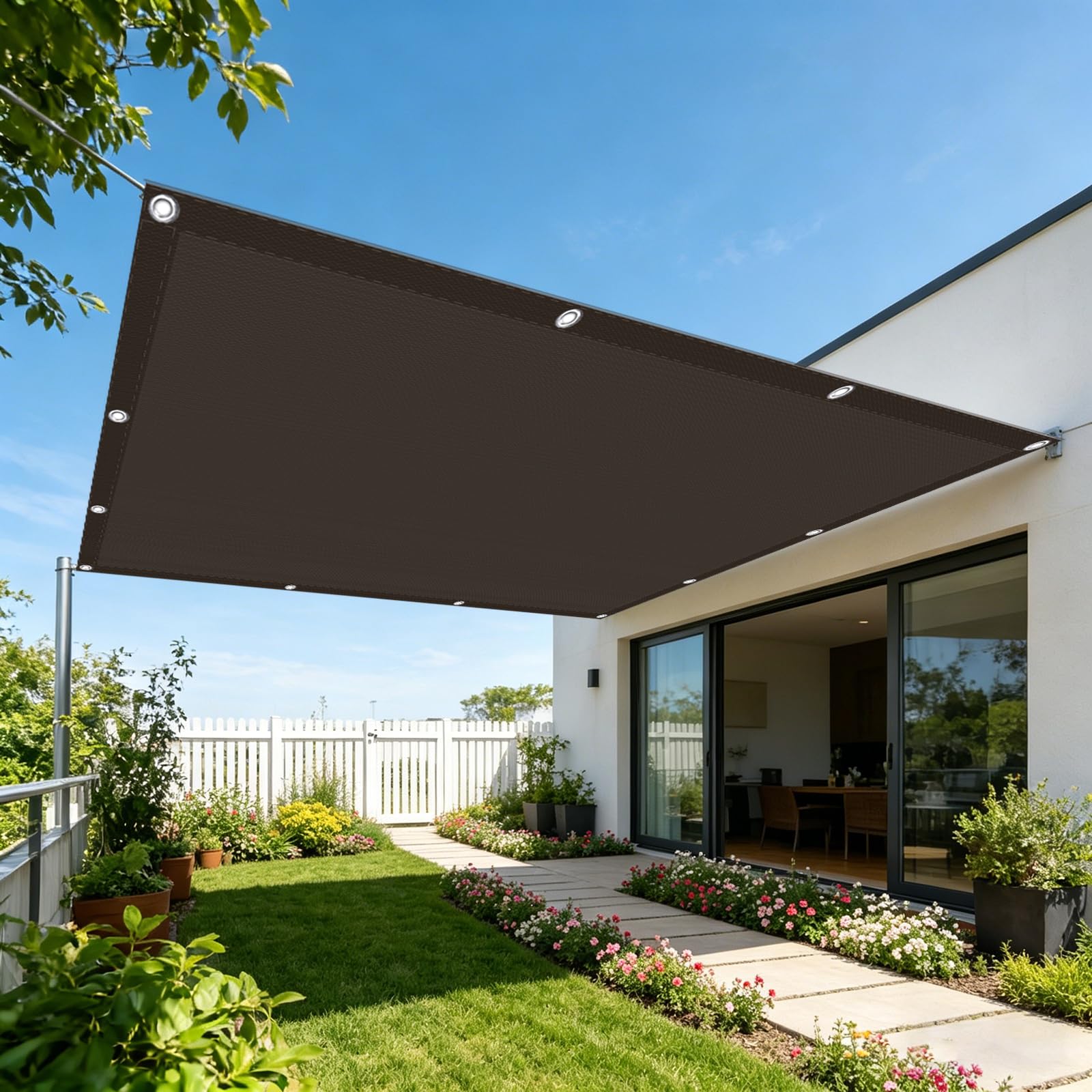 Voile d'ombrage 210 x 360 cm brun avec oeillets et cordons pour pergola