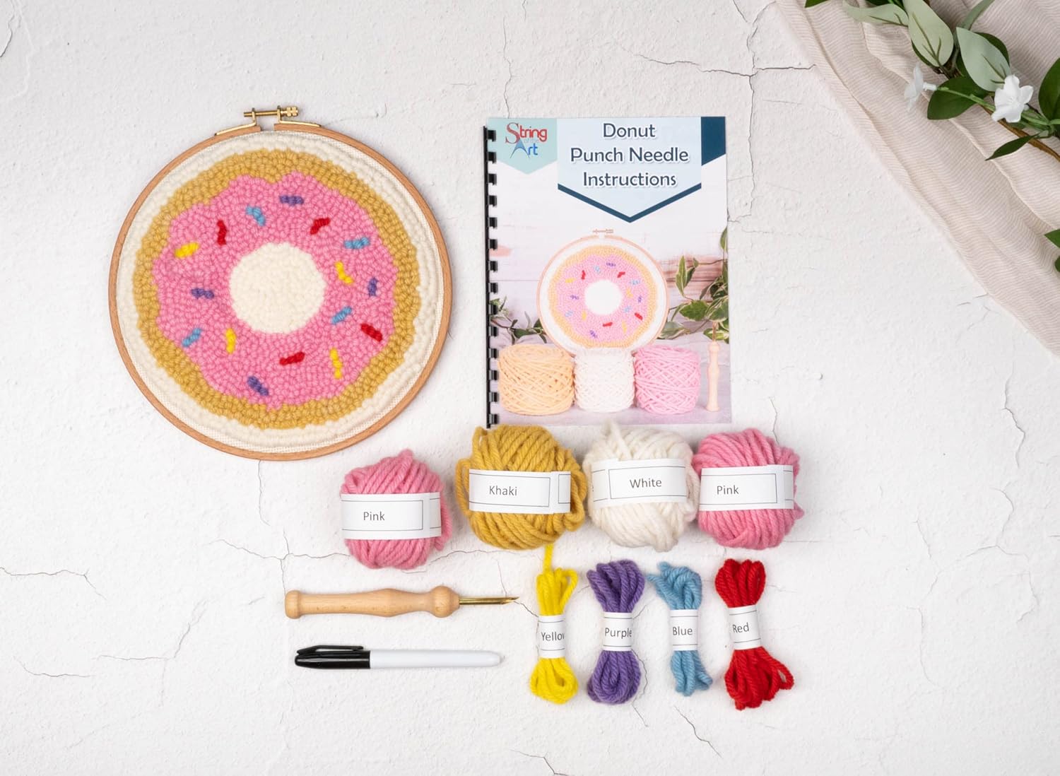 String of the Art Donut Mini Punch Needle Kit - Includes Punch Needle Tool, 100% Wool Yarn, 8 inch Beech Wood Hoop, and More