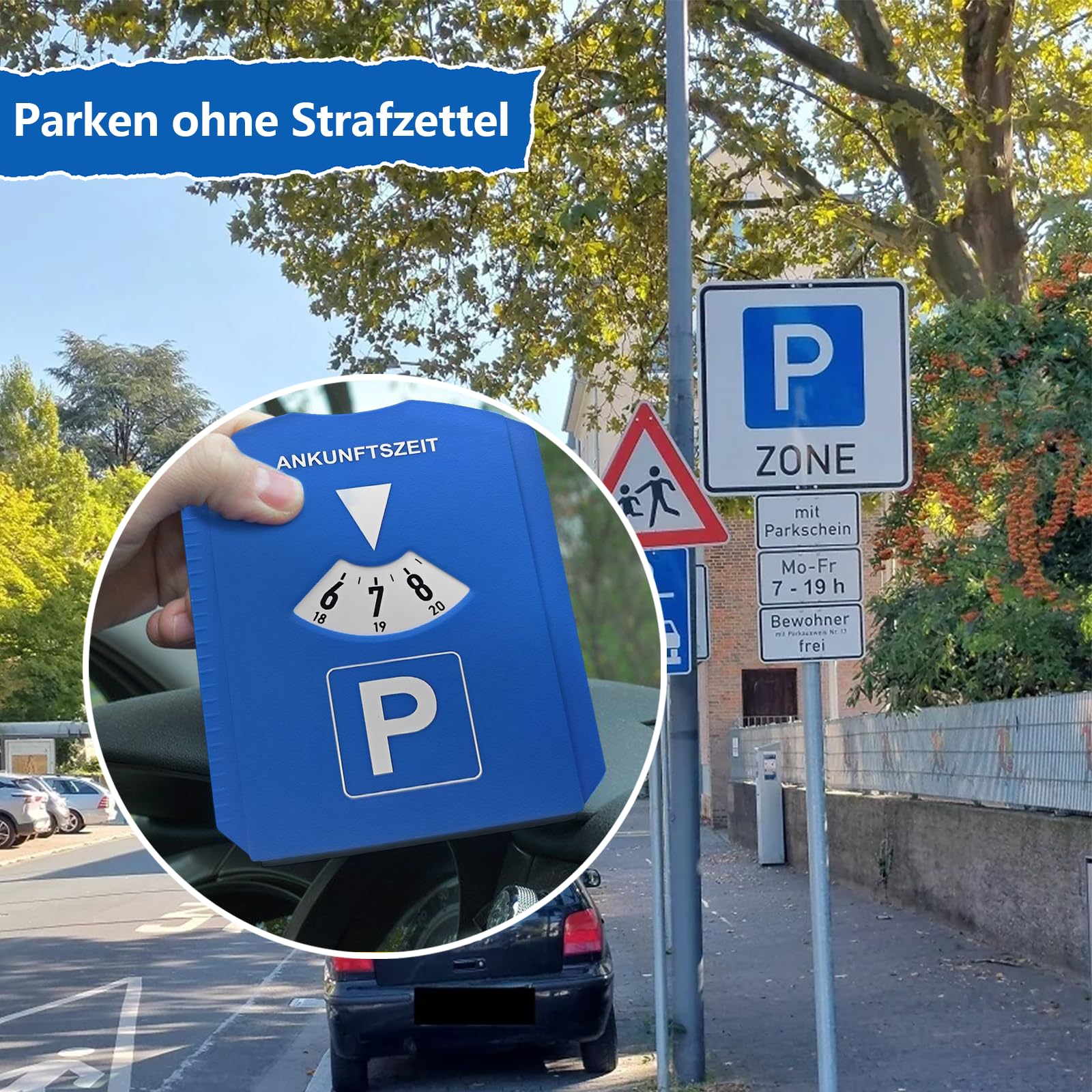 kinoco Parkscheibe mit Eiskratzer - 2 in 1 Parkuhr für Auto und Motorrad INKL. Reifenprofilmesser + Einkaufswagen-Chip | Winter Eiskratzer & Profiltiefenmesser