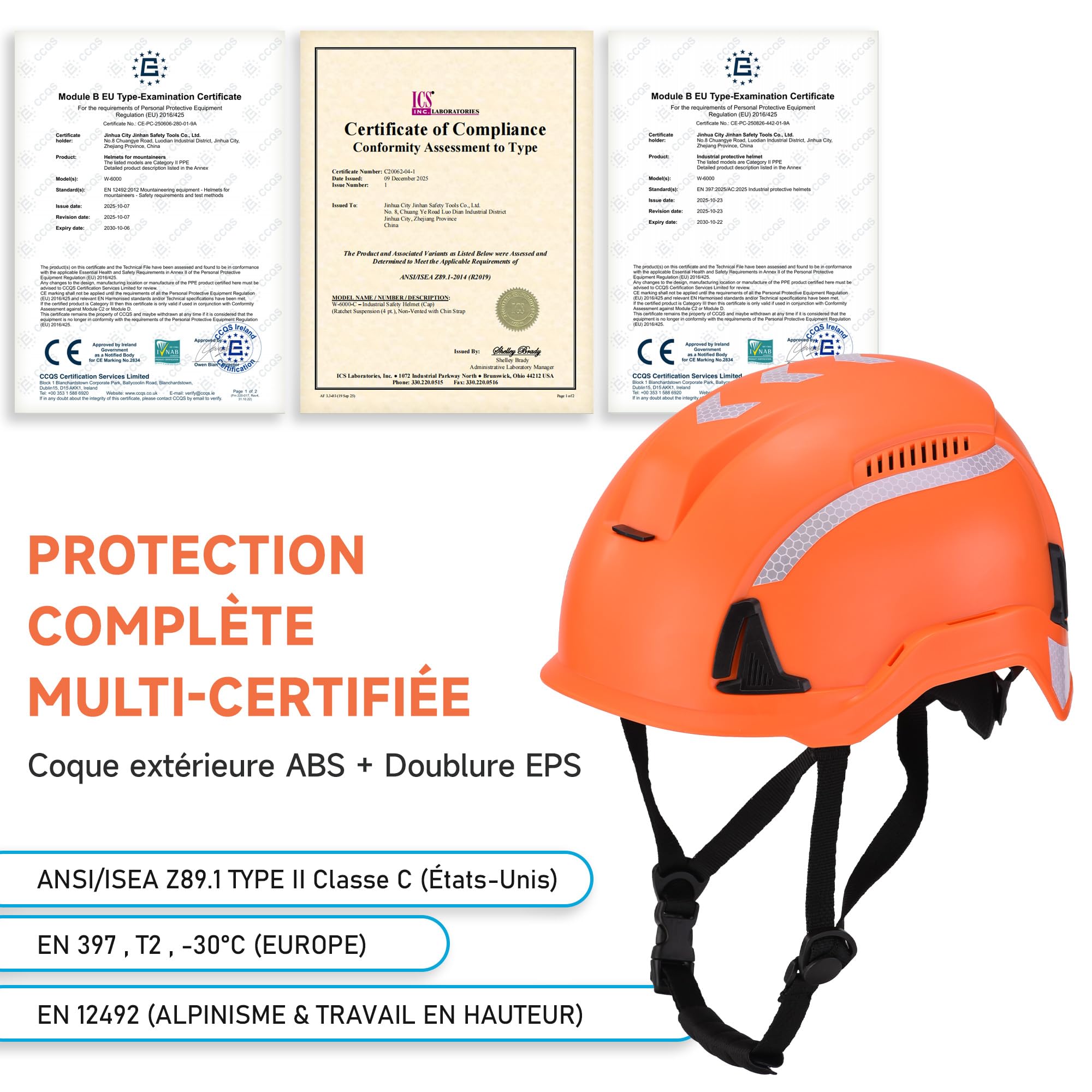 SAFEYEAR Casque de sécurité de type 2, casque de chantier et d'escalade EN397 & EN12492, casque de travail avec mentonnière, ventilation, bandes réfléchissantes et bouton rotatif de 53 à 64 cm, casque
