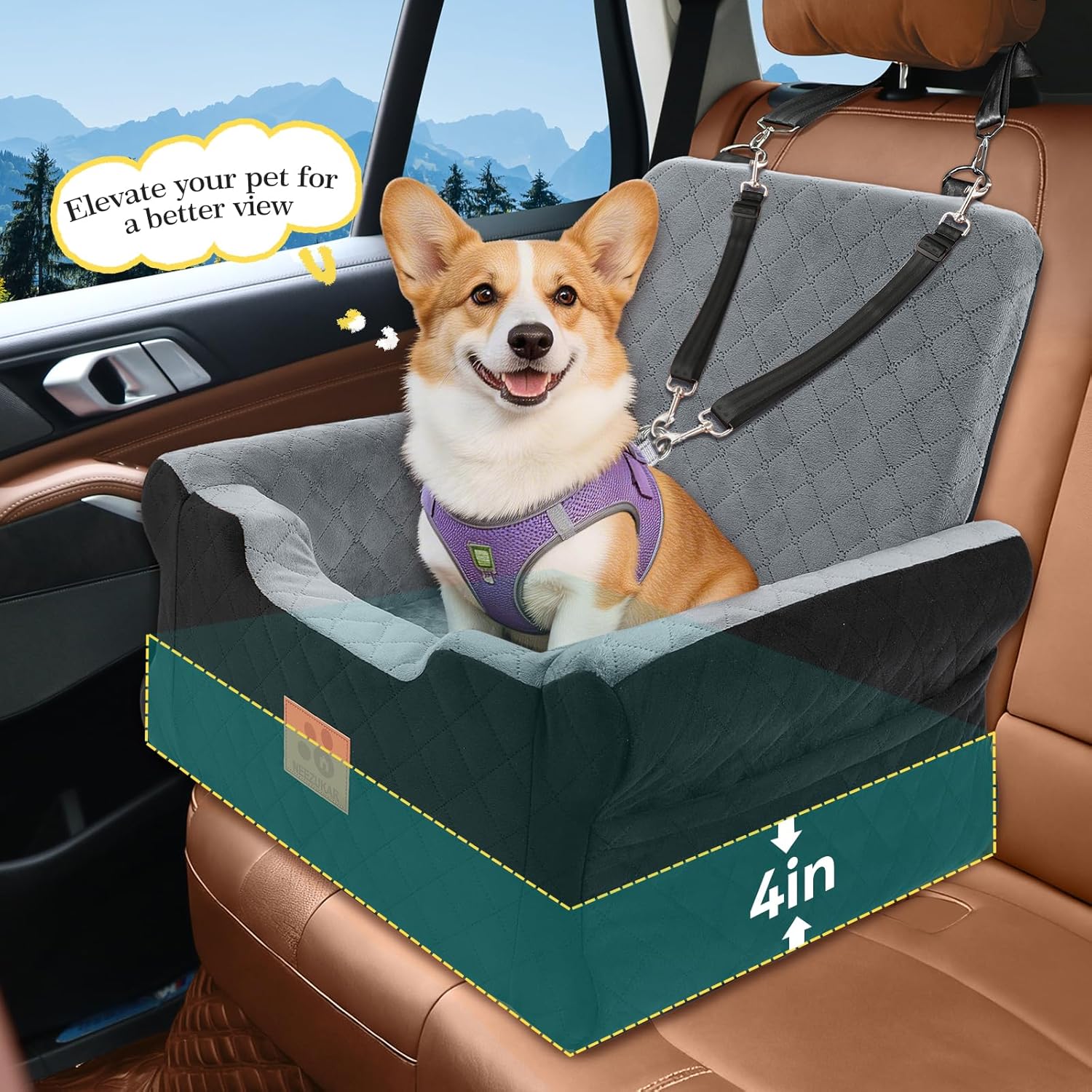 Dog Car Seats for Small/Medium Dogs, Elevated Memory Foam Dog Booster Seat, Detachable Washable Pet Car Seat with Safety Belts & Storage Pockets (Black-Gray)