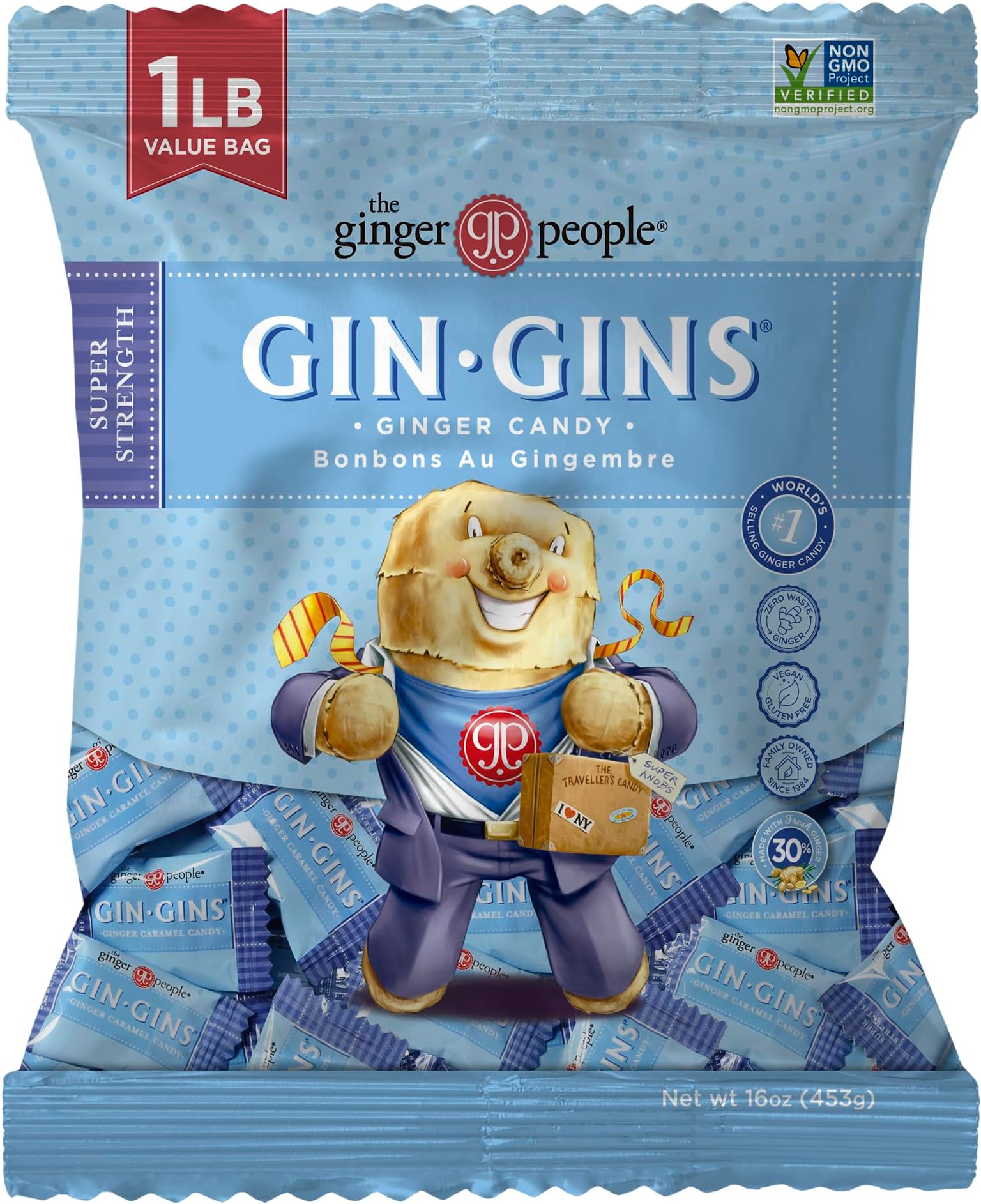 GIN GINS Super Strength – Natural Ginger Candy by The Ginger People – Individually Wrapped Healthy Candy – Super Strength Flavor – Large 1 lb Bag (16oz) – Pack of 1
