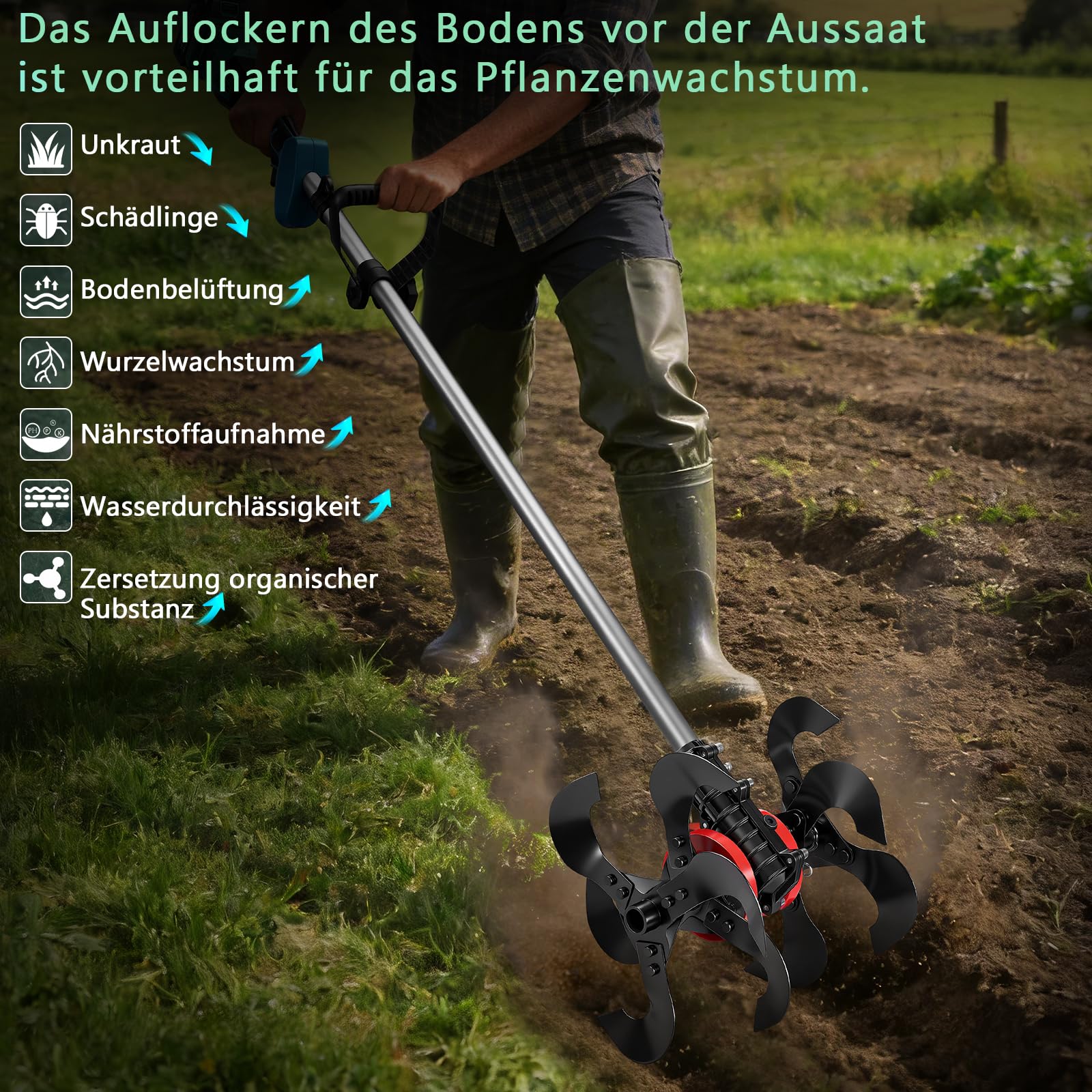2 In 1 Akku Bodenhacke und Rasentrimmer Kompatibel mit 2 x 4Ah Akkus, Akku Motorhacke mit 25cm Arbeitsbreite & 23cm Arbeitstiefe, 12 Rostbeständige Messer für Bodenbearbeitung und Gartenarbeit
