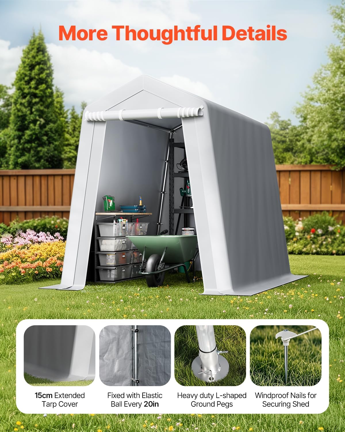 VEVOR 6x8x7 FT Heavy-Duty Portable Outdoor Storage Shed Tent, Waterproof Carport Garage Shelter with Roll-Up Zipper Door & Vents, UV-Resistant Canopy for Motorcycle, Bike, Lawn Mower, Tools, Gray - Image 6