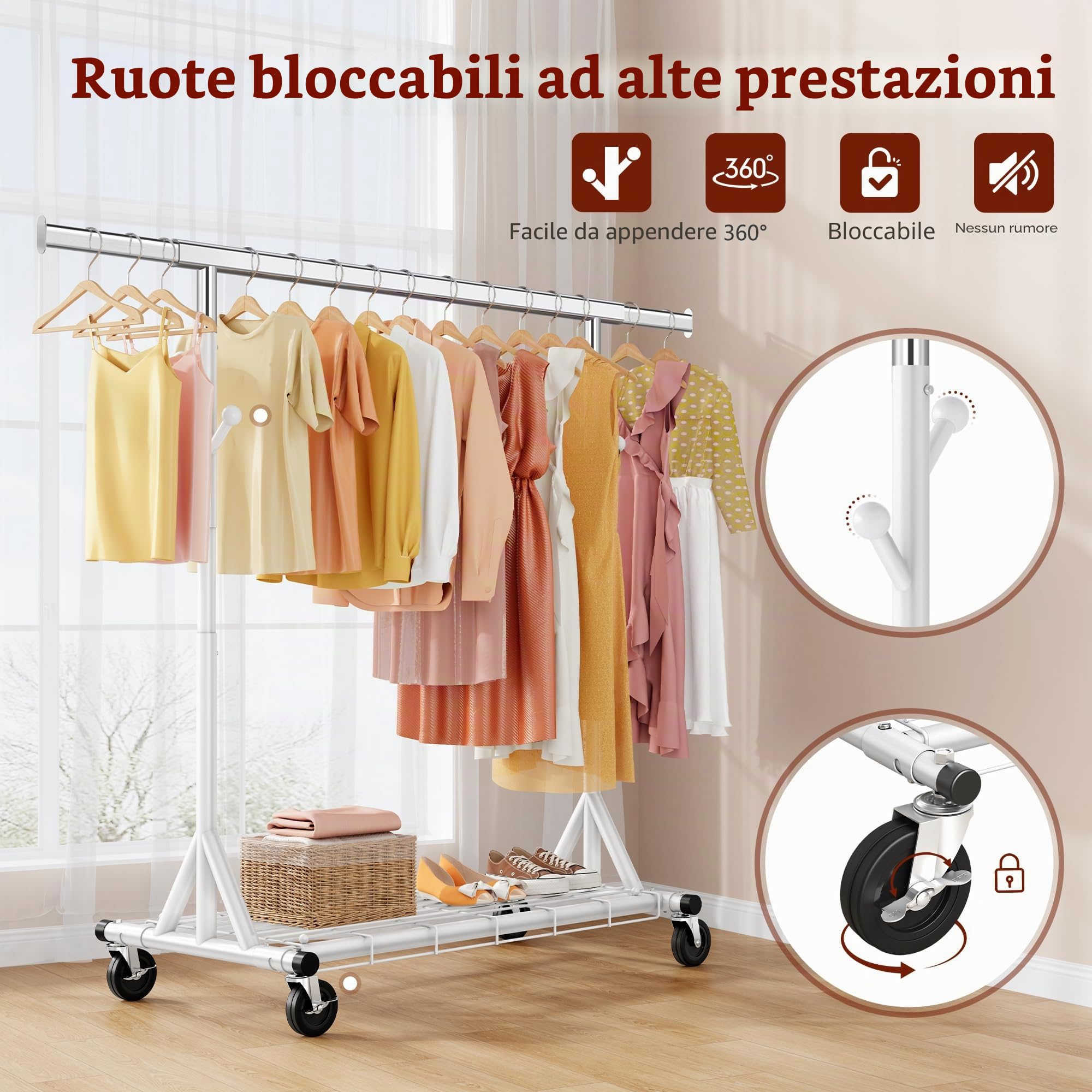 FAVOOSTY Stand Appendiabiti con Ruote, Attaccapanni Estensibile per Carichi Pesanti, Portata Totale 200 kg - 50 x (106-176) x 170 cm, installazione rapida 1 minuto,Bianco