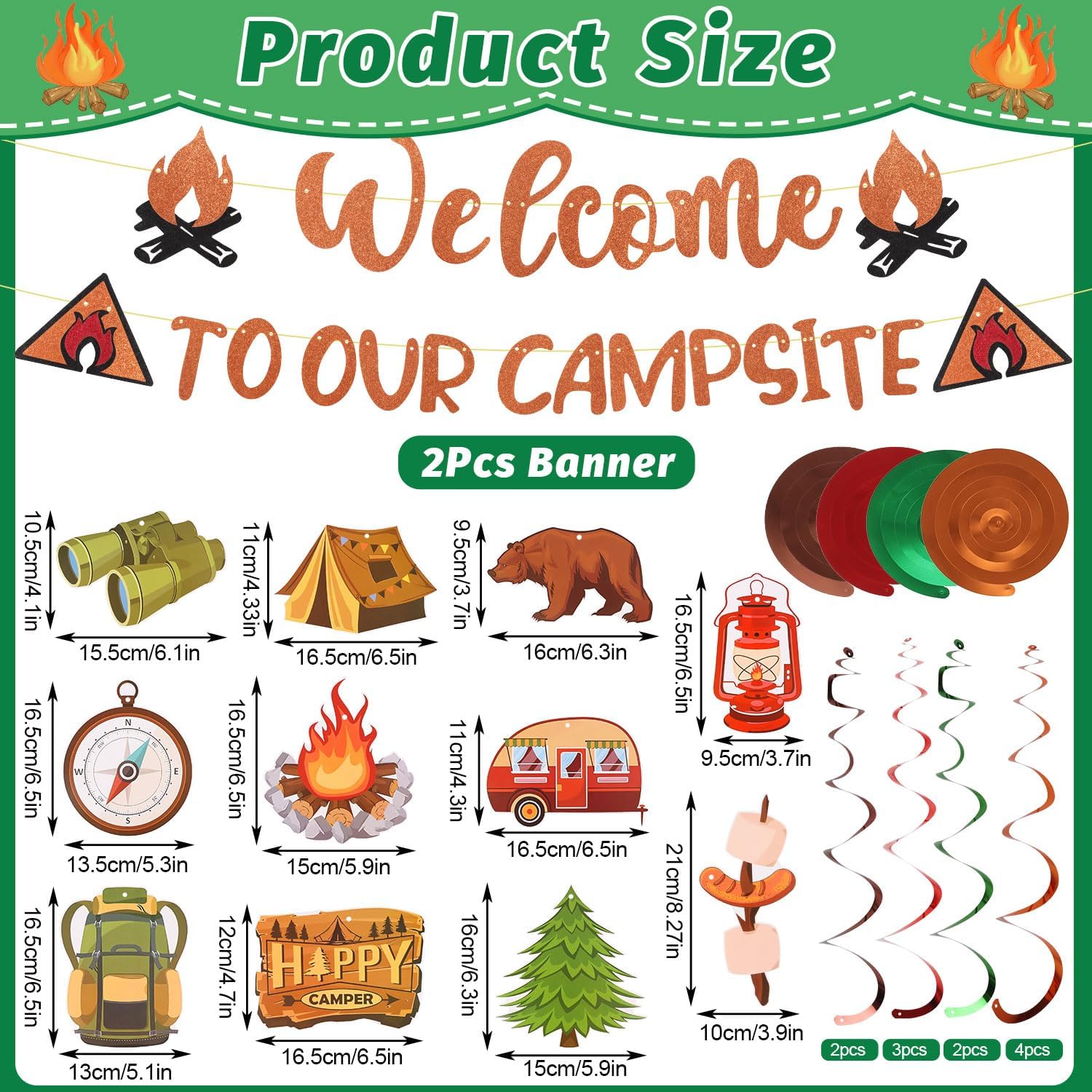 CCINEE 13Pcs Camping Themed Party Decorations Set, Pre-Strung Glitter Welcome to Our Campsite Banner Camping Adventure Hanging Swirls Decorations for Summer Camp Decor