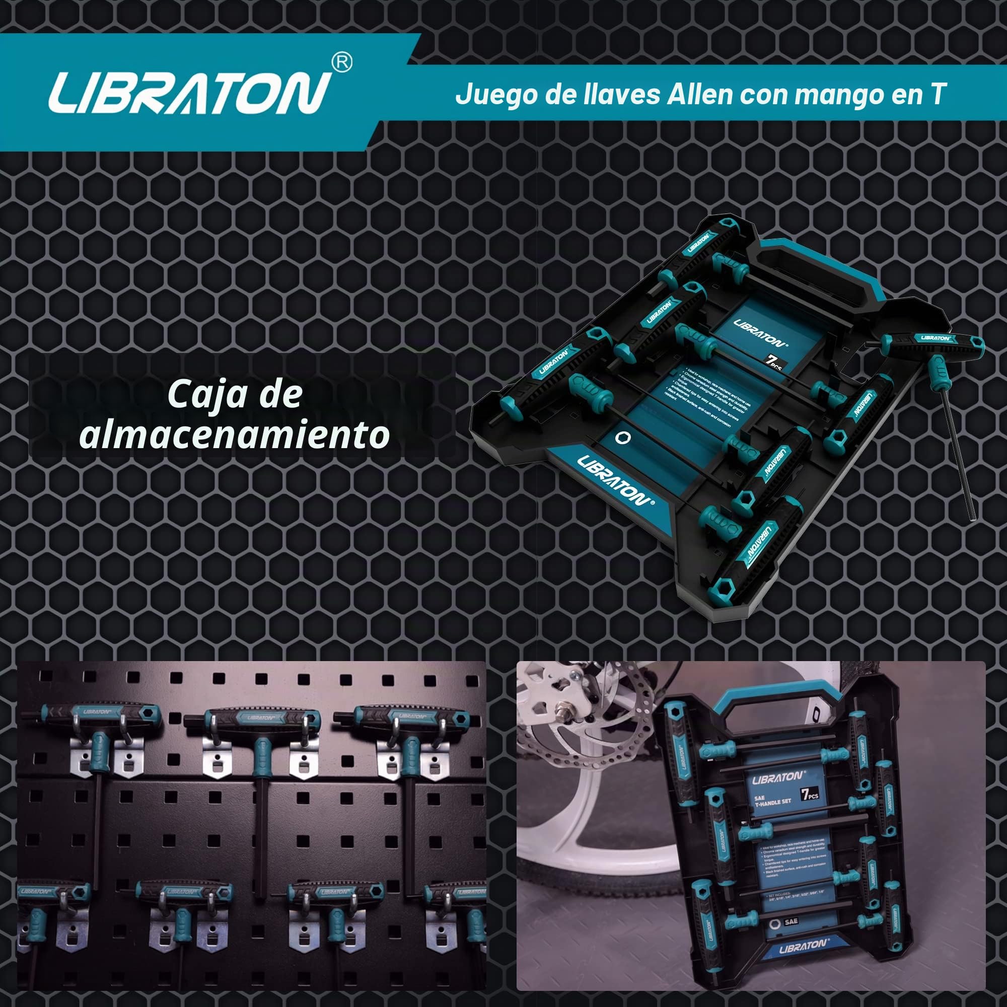 LIBRATON Llave con mango en T, Juego de Llave hexagonal en T 7pz | Llave Allen SAE con empuñadura en T, Destornilladores para reparación de automóviles y bicicletas, 1/8"-3/8"